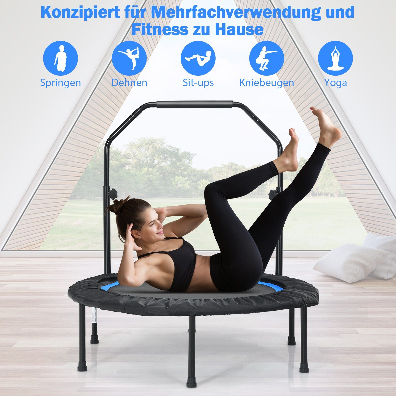COSTWAY Fitnesstrampolin Ø101cm, höhenverstellbarer Haltegriff & 2 Widerstandsbändern