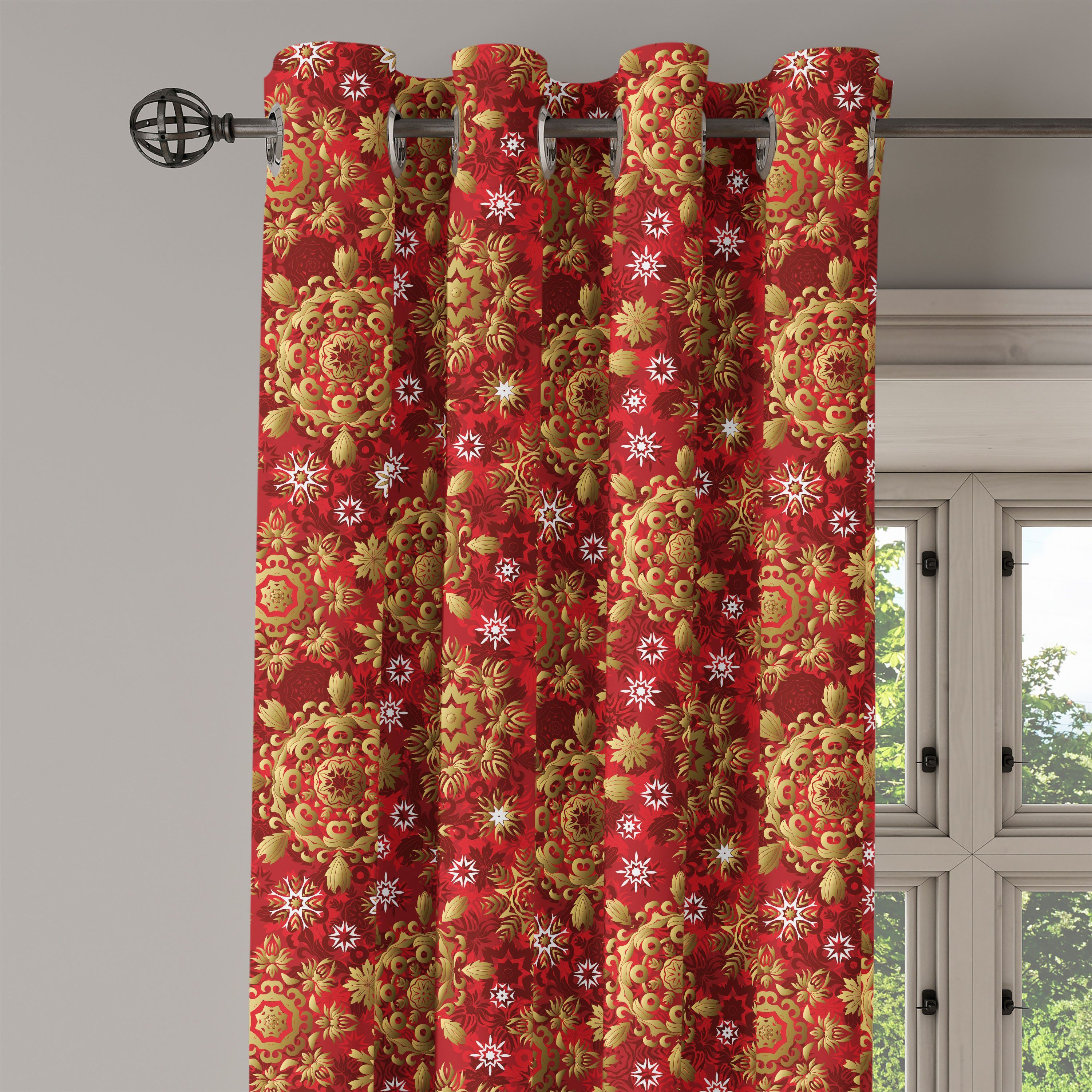 Abakuhaus, Red Gardine für Dekorative Schlafzimmer Wohnzimmer, Flora Mandala Ornament 2-Panel-Fenstervorhänge Weihnachten