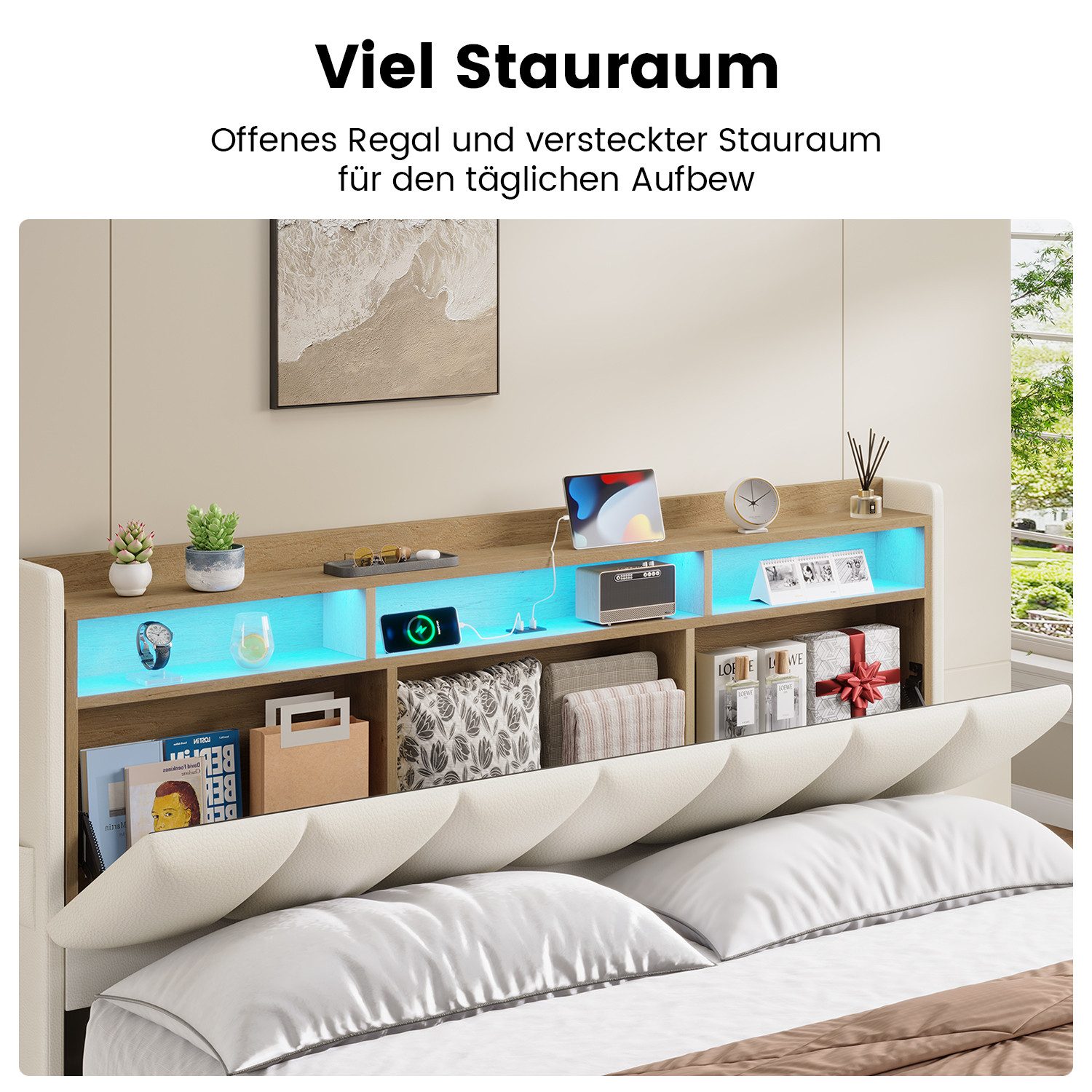 KIMENICH Polsterbett mit LED Beleuchtung und Ladefunktion (1-tlg., Ohne Matratze), Jugendbett Hydraulisches Stauraumbett, 180x200 cm – Bild 4 von 5