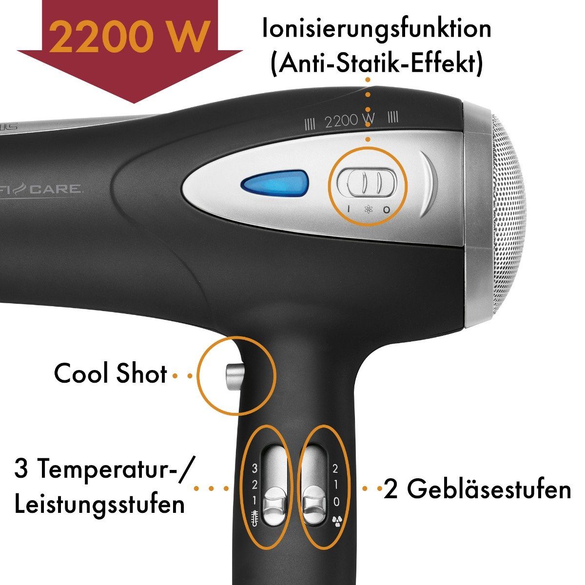 ProfiCare Haartrockner PC-HTD 3113, Haartrockner mit Ionisierungsfunktion
