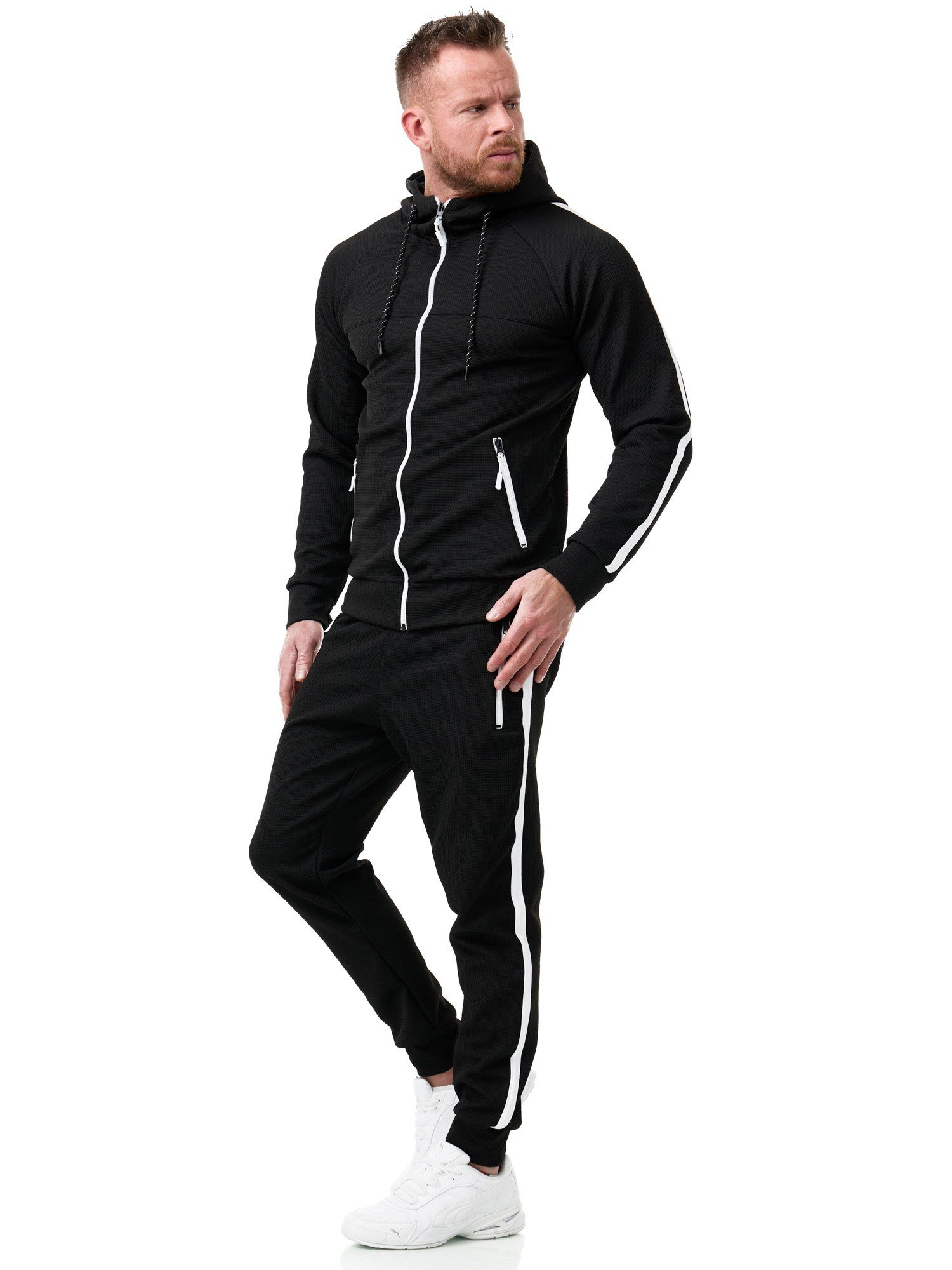L.gonline Freizeitanzug Herren Jogginganzug Freizeitanzug Sportlich 3750 (Kapuzenjacke mit Reißverschluss, Hose, 2-tlg), mit Streifen