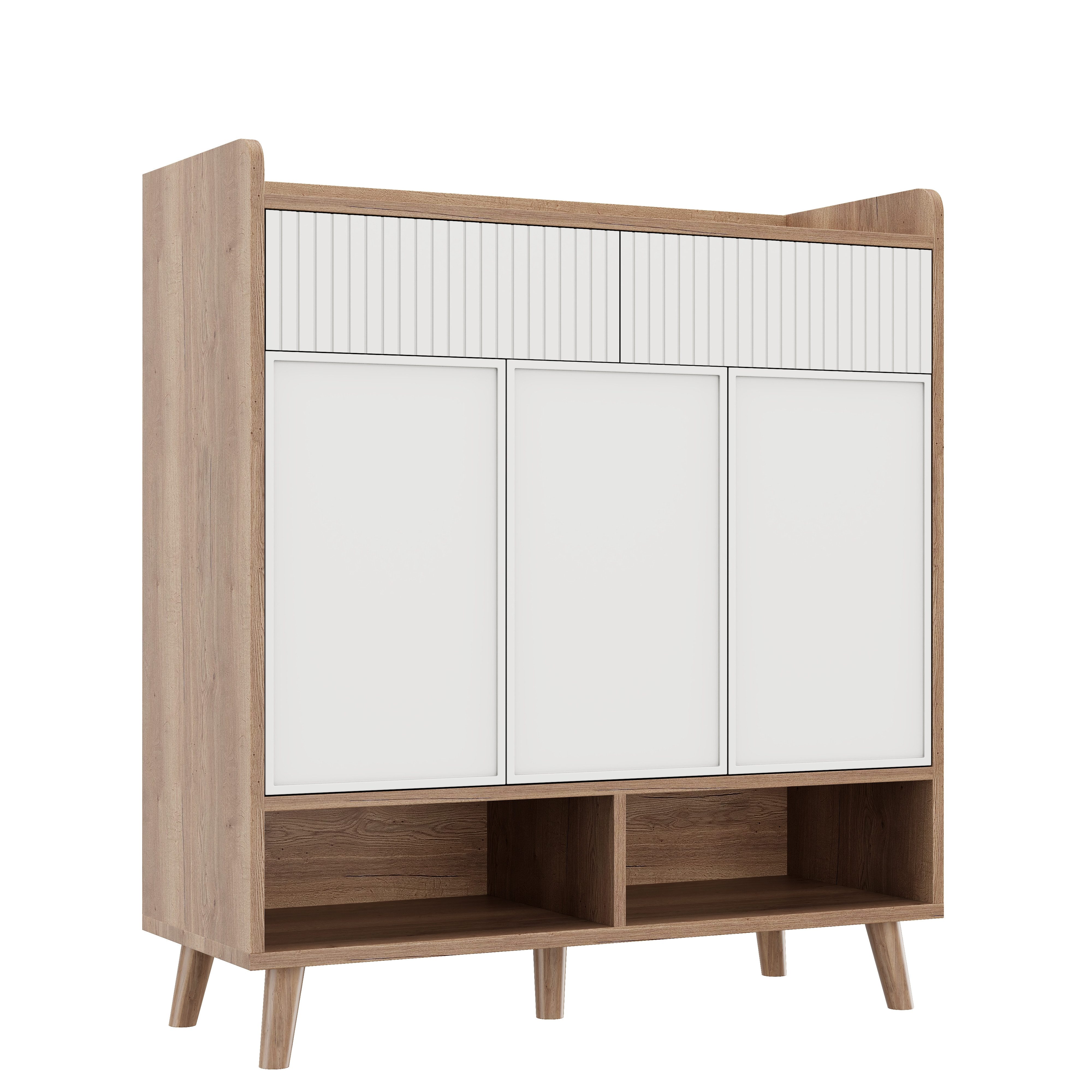 Flieks Schuhschrank mit 2 Schubladen, 3 Türen und 2 offenen Fächern Weiß+Natur (90x35x100 cm, 1-St) Mehrzweckschrank Schuhkommode mit verstellbarer Einlegeböden Holzoptik