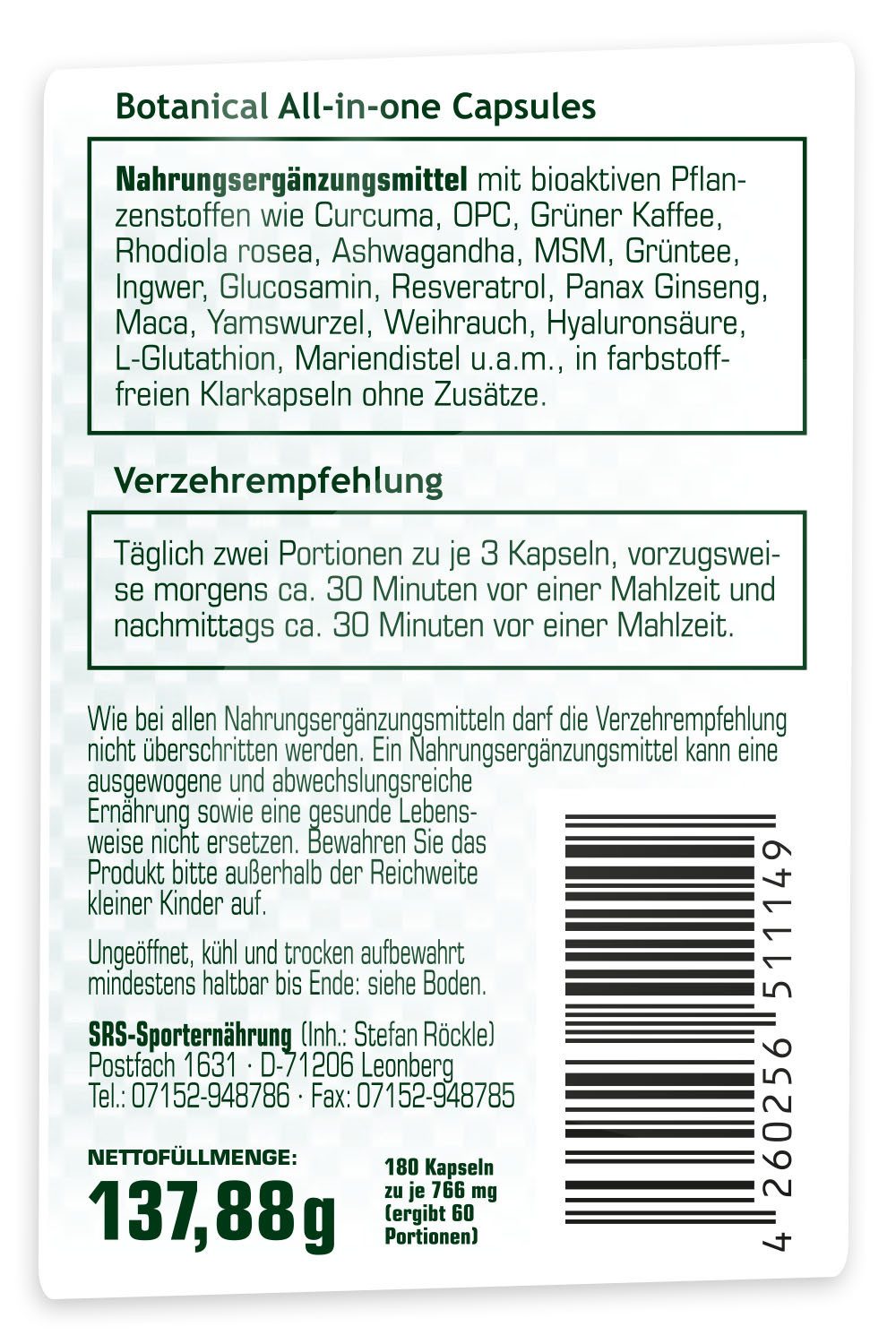 SRS NUTRITION SRS Green Care 180 Kapseln Botanical All-in-one mit 29 Inhaltsstoffen Kapseln, 137,88 g, Botanical All-in-one aus rein pflanzlichen Rohstoffen.