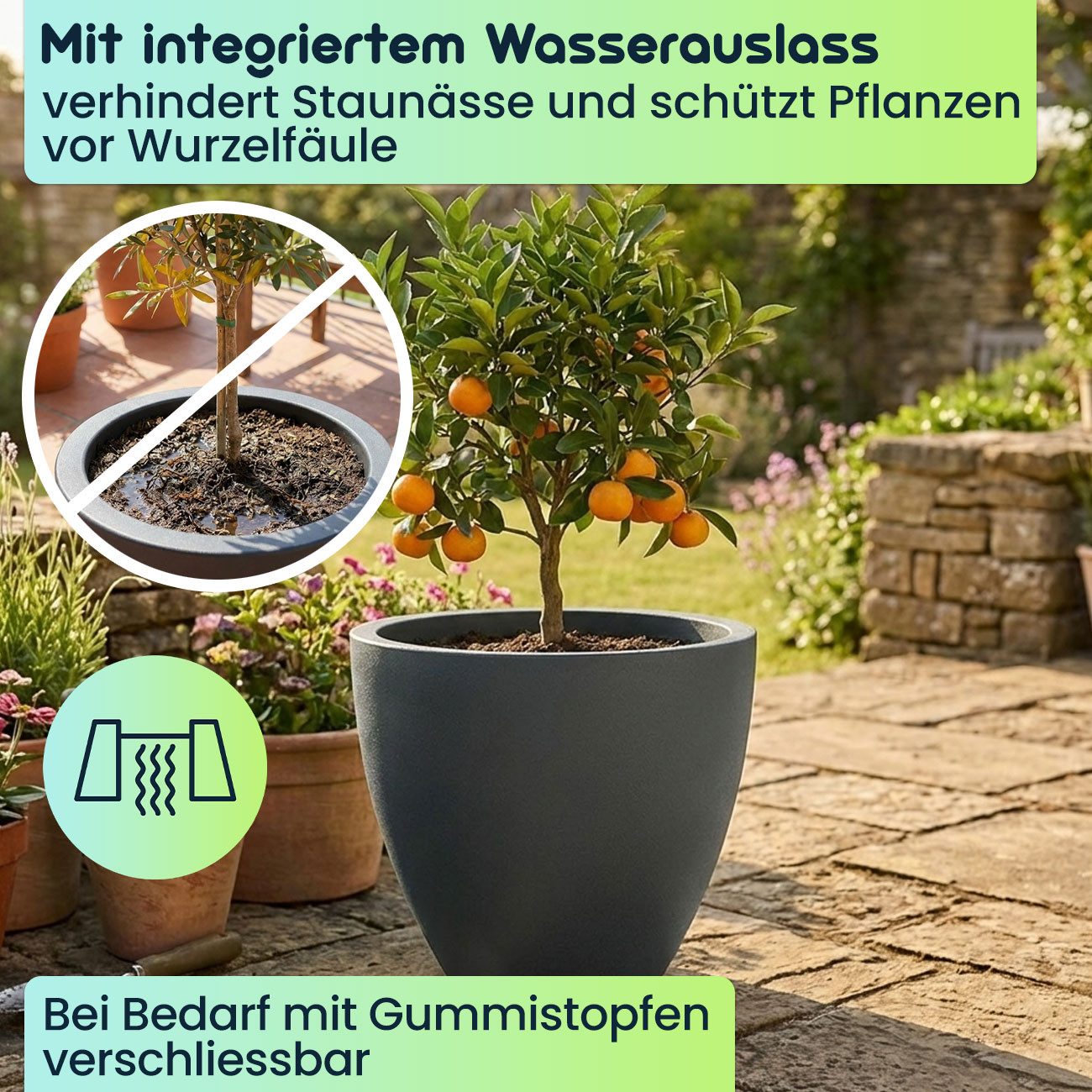 Prosperplast Pflanzkübel Ethick Pflangefäß rund Ø 58 cm Graphit 86L Blumentopf edles Design (1 St., 1er-Set & 2er-Set & 3er-Set), 58,0 x 50,0 cm Kunststoff-Pflanzkübel/Wasserauslass/UV-beständig