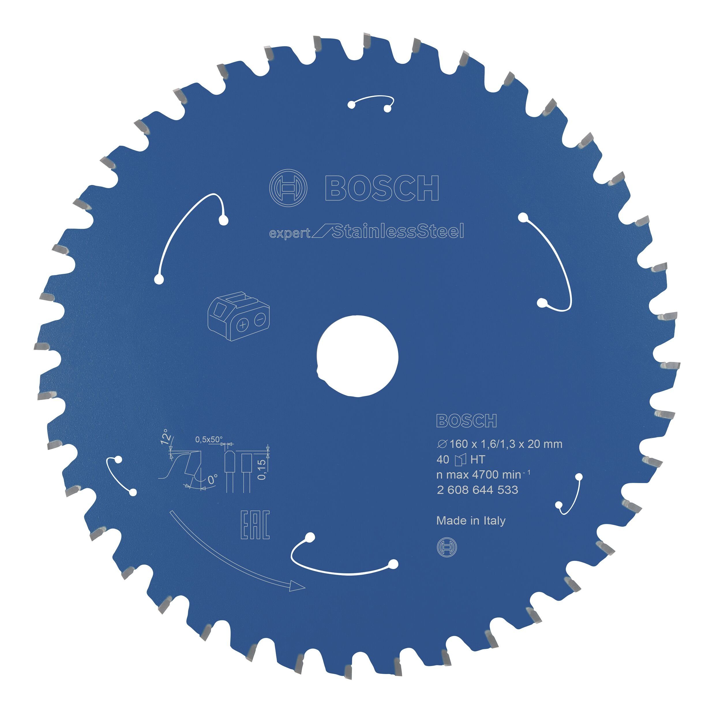 BOSCH Kreissägeblatt, Expert Akku for Stainless Steel, 160 x 1,6/1,3 x 20, 40 Zähne
