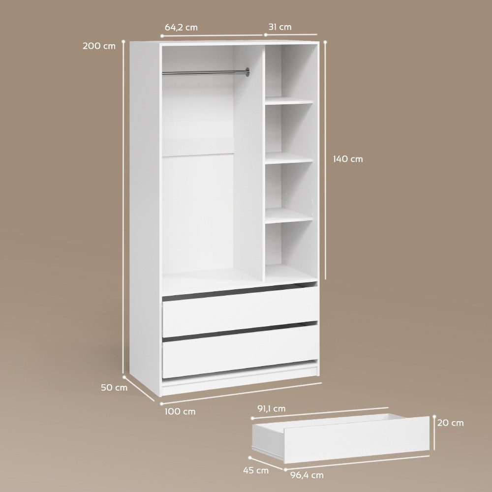 Livinity® Kleiderschrank Trento, Weiß/Weiß, 100 x 200 cm mit 2 Schubladen (1-St)