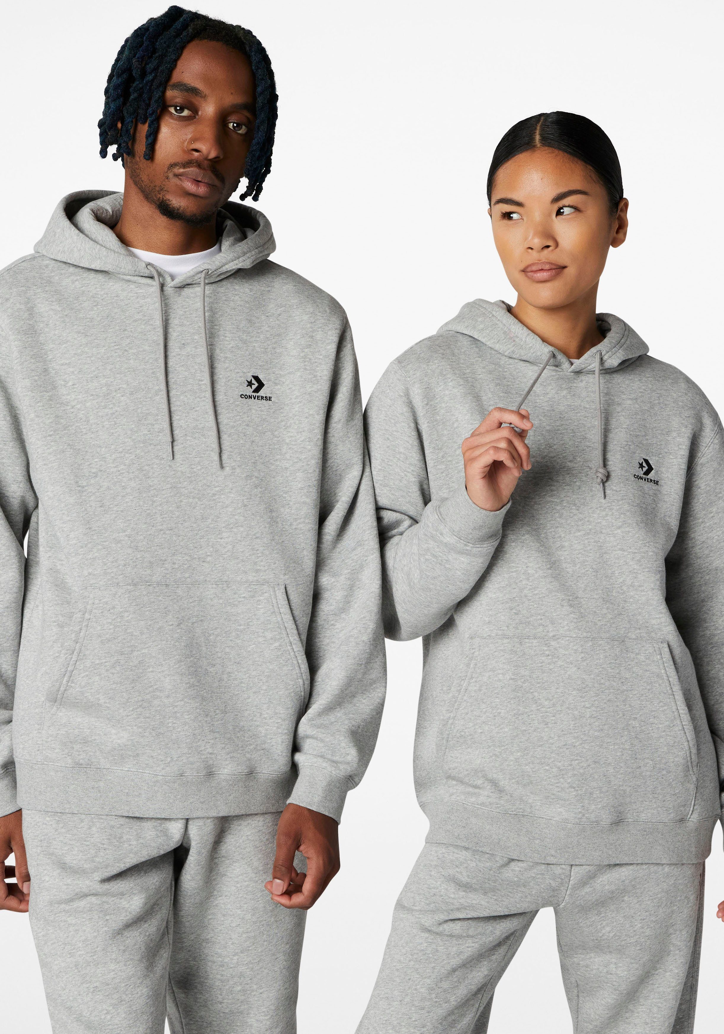 Converse Kapuzensweatshirt EMBROIDERED HOODIE (1-tlg) STAR FLEECE Unisex HEATHER VINTAGE BRUSHED BACK CHEVRON GREY