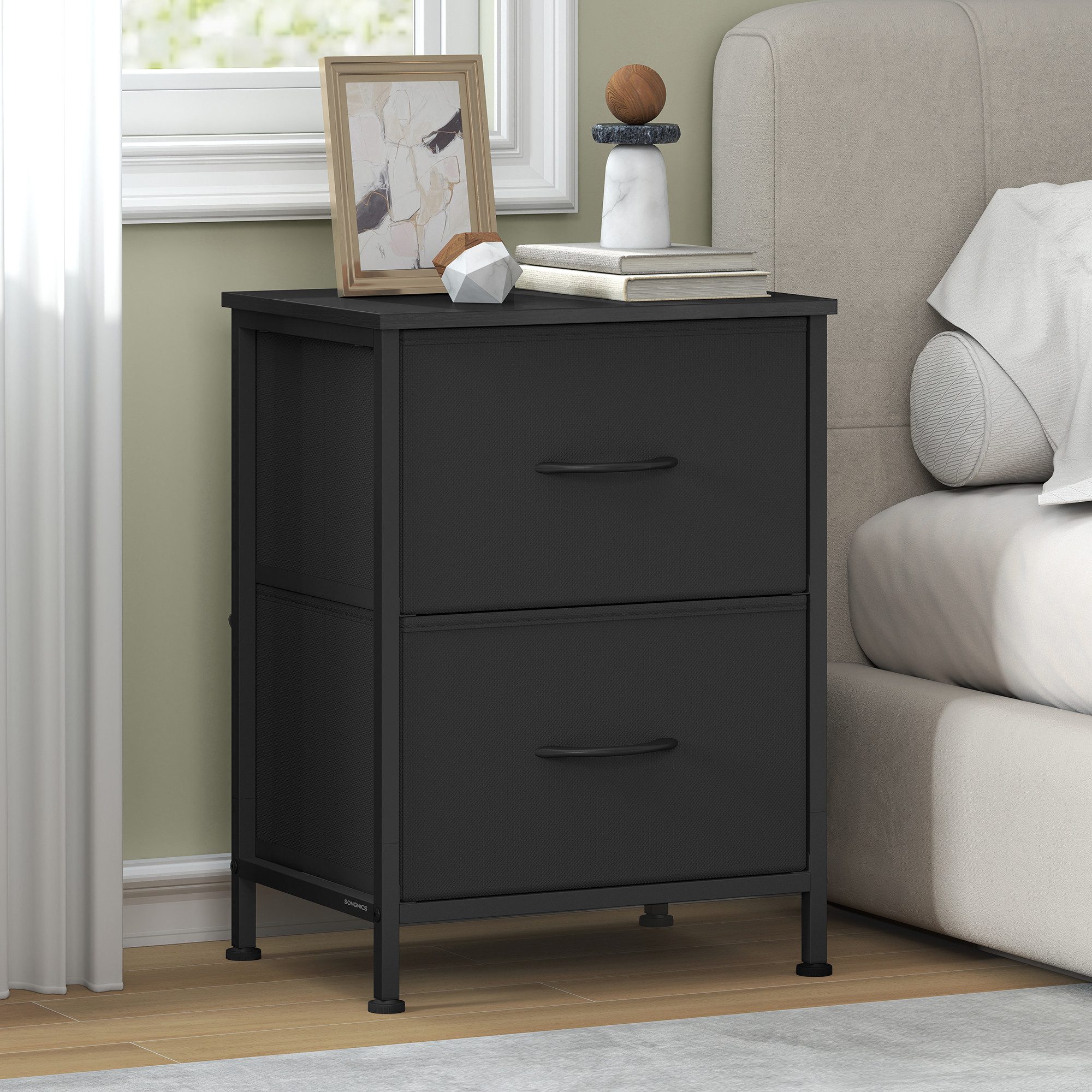 SONGMICS Nachttisch, Kommode, Schrank, 2 Stoffschubladen, Aufbewahrungsschrank, Stahl
