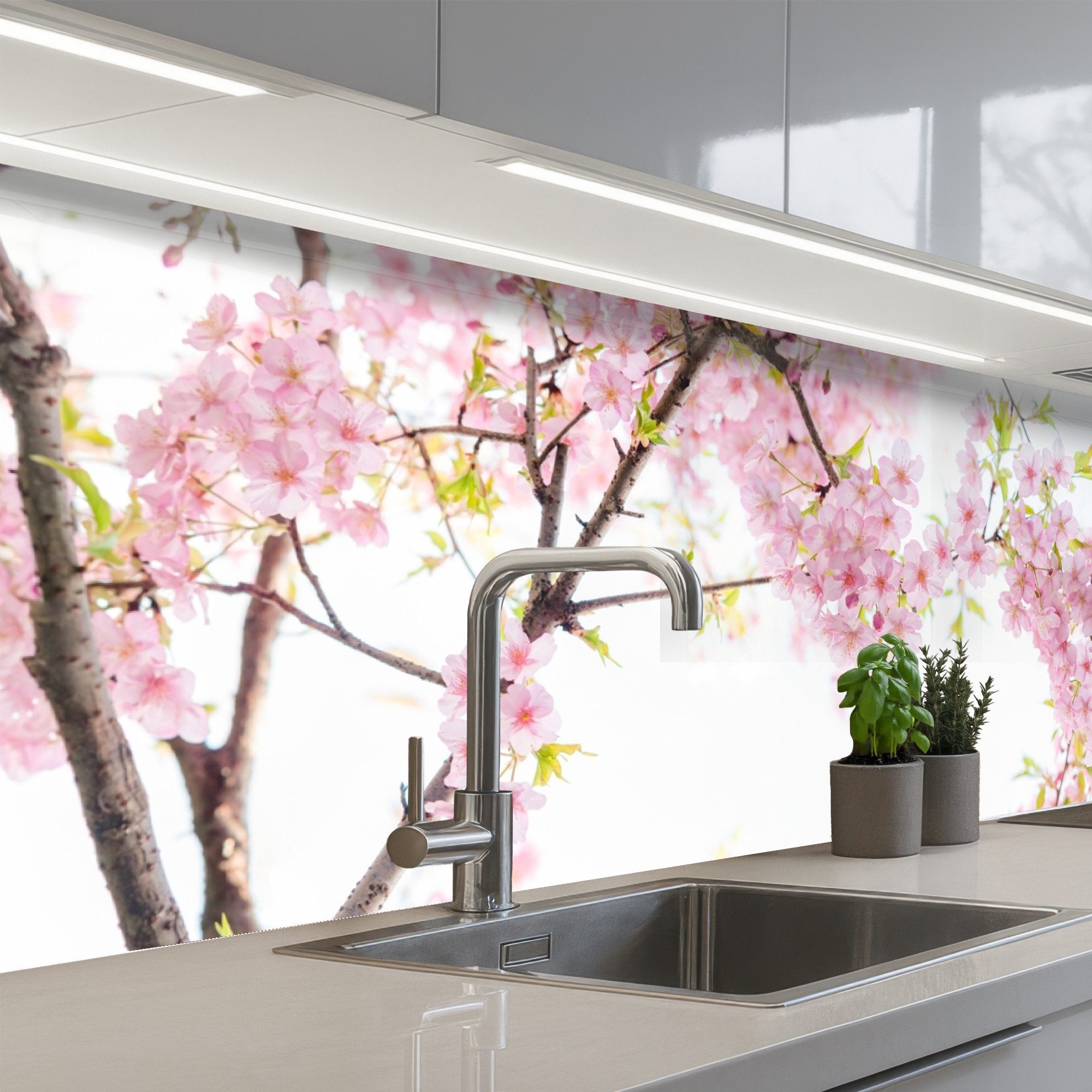 KitchenYeah Küchenrückwand selbstklebend (keine Folie) Kirschblüte - Rosa - Blumen - Sakura - Nat, (1-tlg), Spritzschutz, Küche, Rückwand, Küchenwand, Abwaschbar, 200x60 cm
