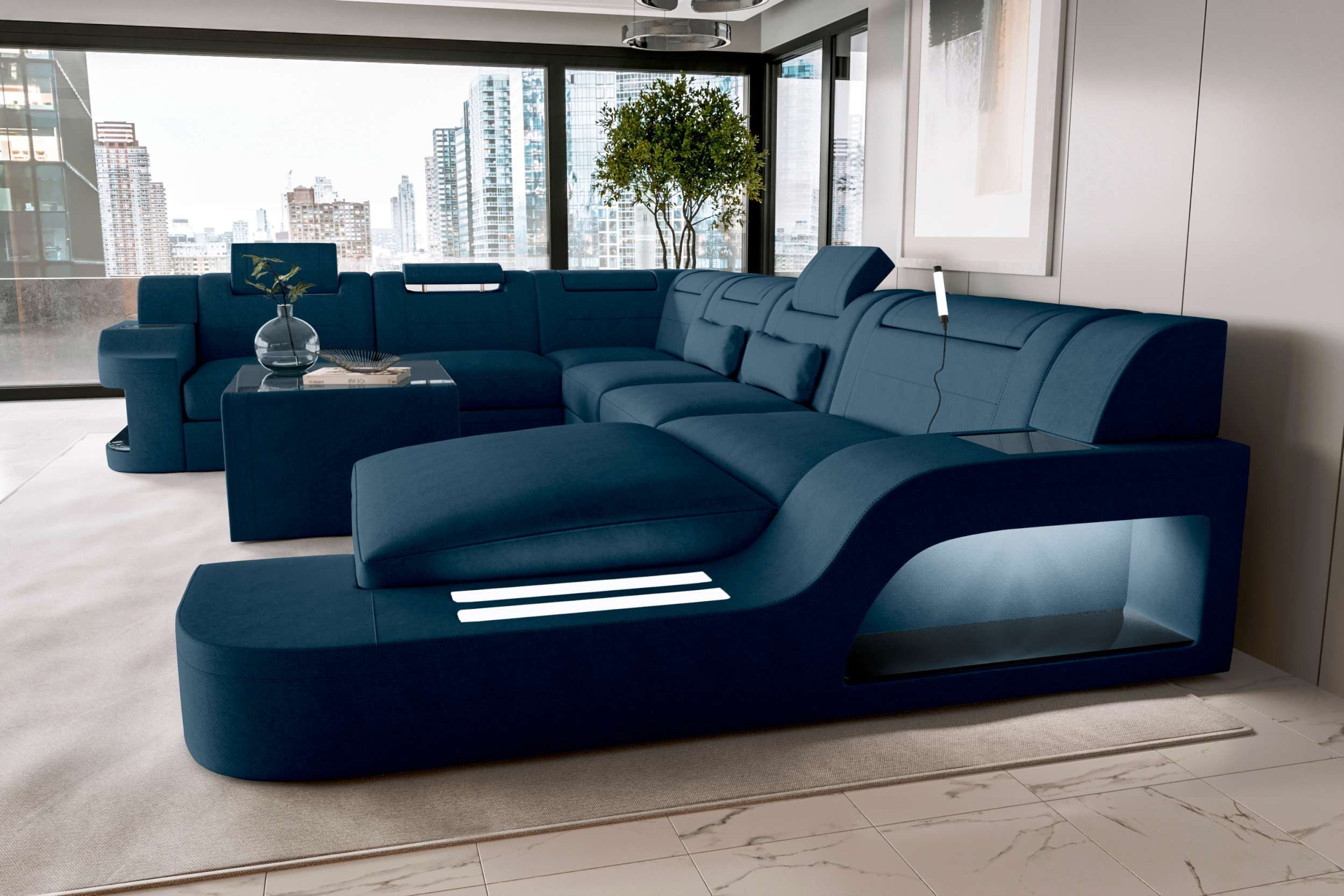Sofa Dreams Wohnlandschaft XXL Wohnlandschaft Palermo Stoffsofa, Wohnlandschaft, U-Form, Polster Couch in U-Form mit LED, 2 Zierkissen inklusive