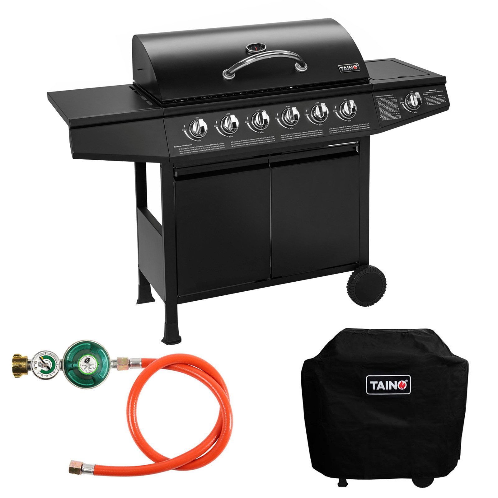 TAINO Gasgrill BASIC 6+1, Gasgrill mit Abdeckhaube, Gasregler und Gasschlauch, 6 Hauptbrenner aus Edelstahl, Seitenbrenner, Piezozündung
