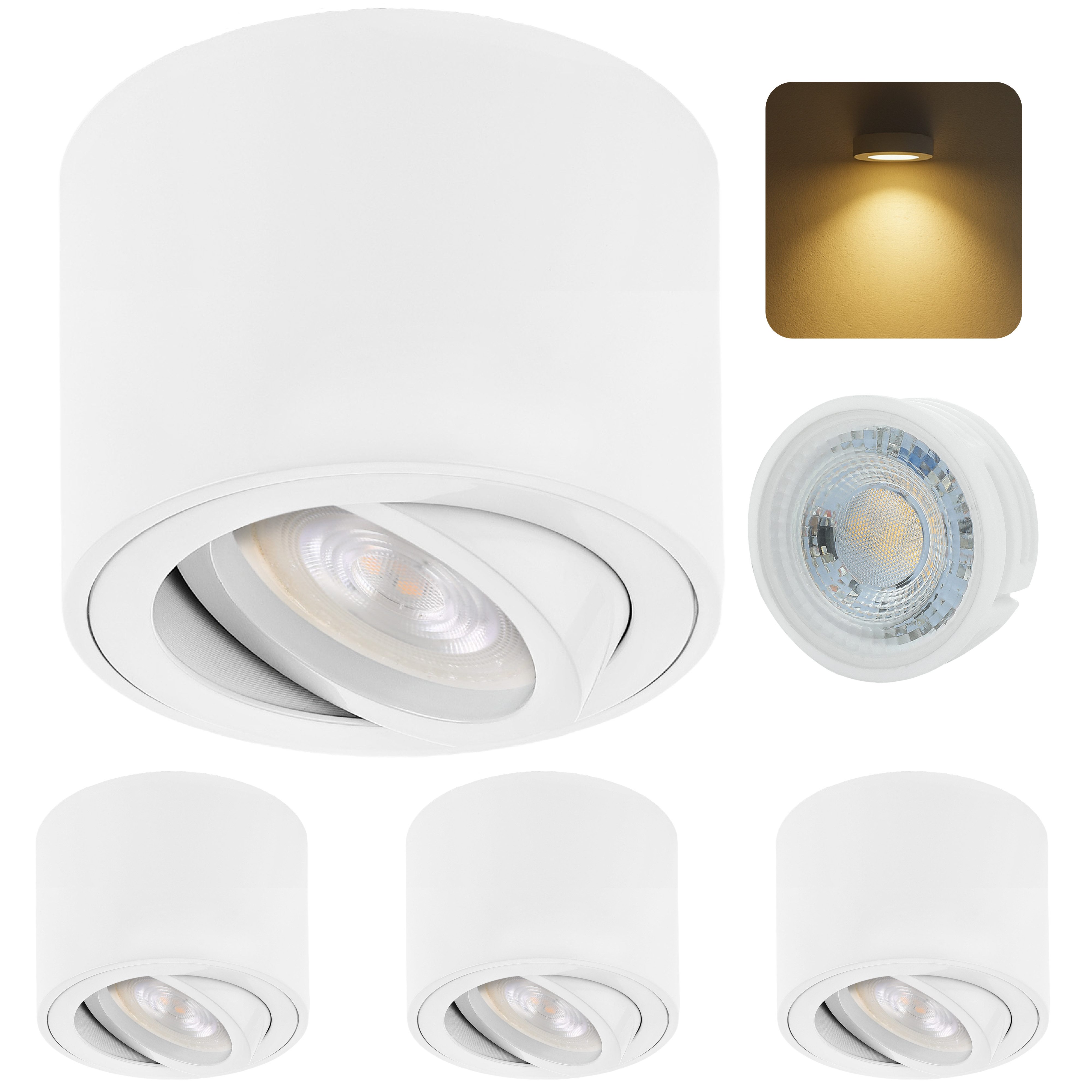 Sweet LED LED Накладной прожектор flach 4er Set 5W 230V Aufbauspots rund weiß matt Aluminium, LED wechselbar, Warmweiß, LED Deckenlampe, Deckenspot, Deckenstrahler, schwenkbar