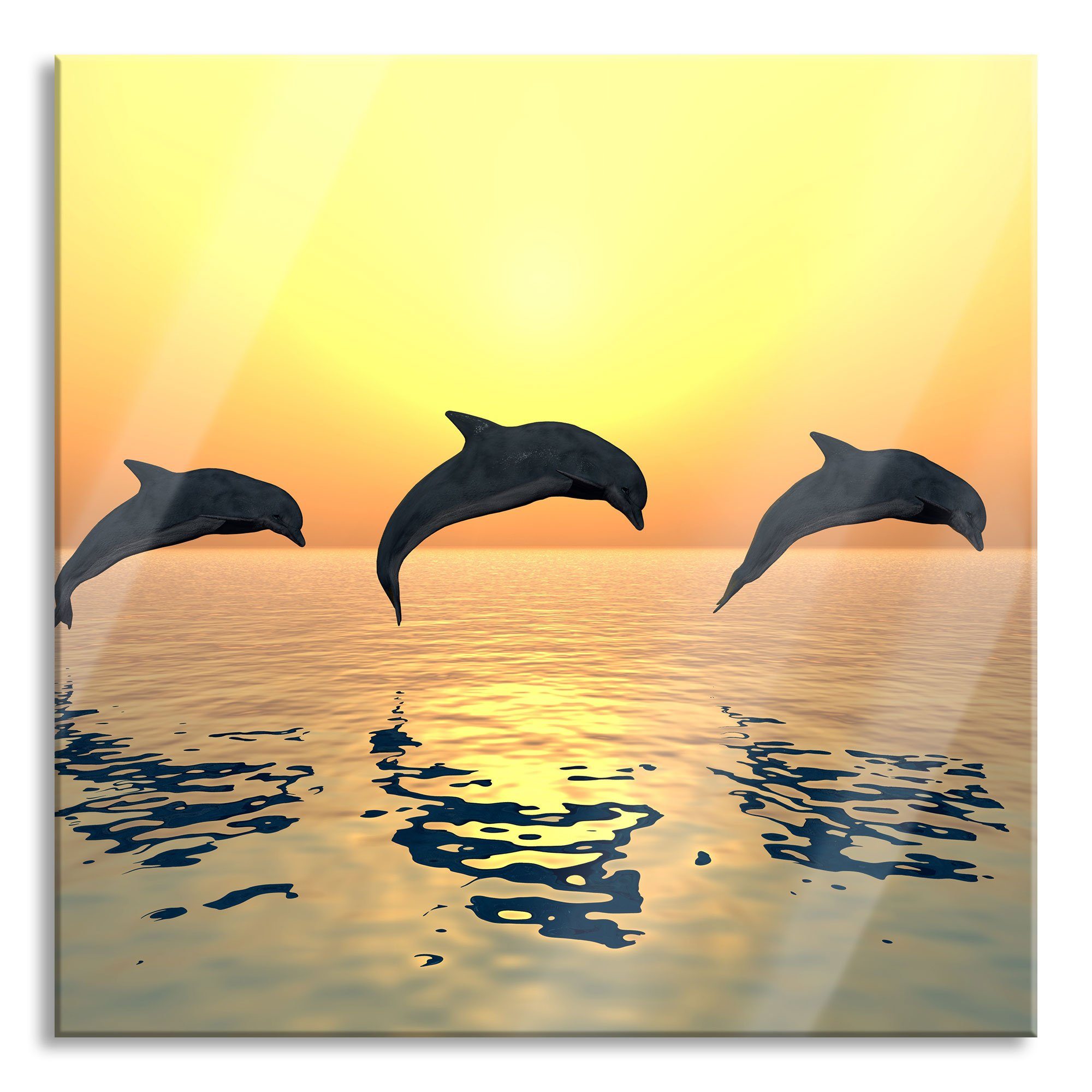 Pixxprint Glasbild Delfine im Sonnenuntergang, Delfine im Sonnenuntergang (1 St), Glasbild aus Echtglas, inkl. Aufhängungen und Abstandshalter