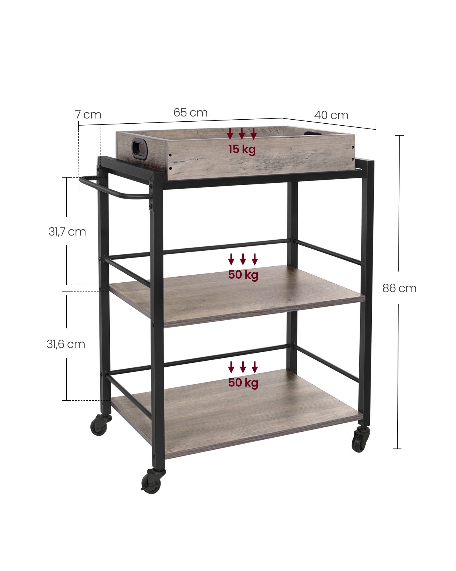 VASAGLE Servierwagen Küchenwagen, mit verstellbaren Füßen und Rollen, Küchenregal, abnehmbares Tablett, Stahlrahmen, 40 x 72 x 86 cm, Industrie-Design