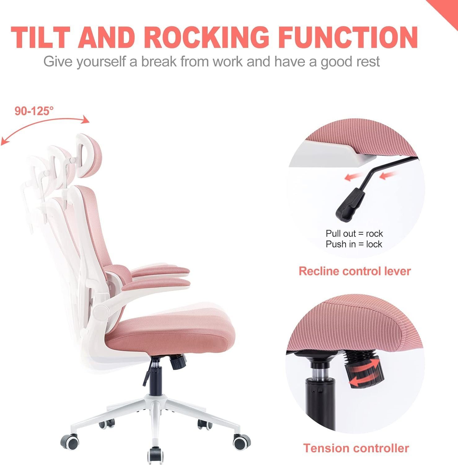 LIYURUI Bürostuhl (Stuhl mit 136Kg Büro,Verstellbarer Kopfstütze Schreibtischstuhl hochklappbarer atmungsaktiv Armlehne), Lordosenstütze/gepolsterter mit