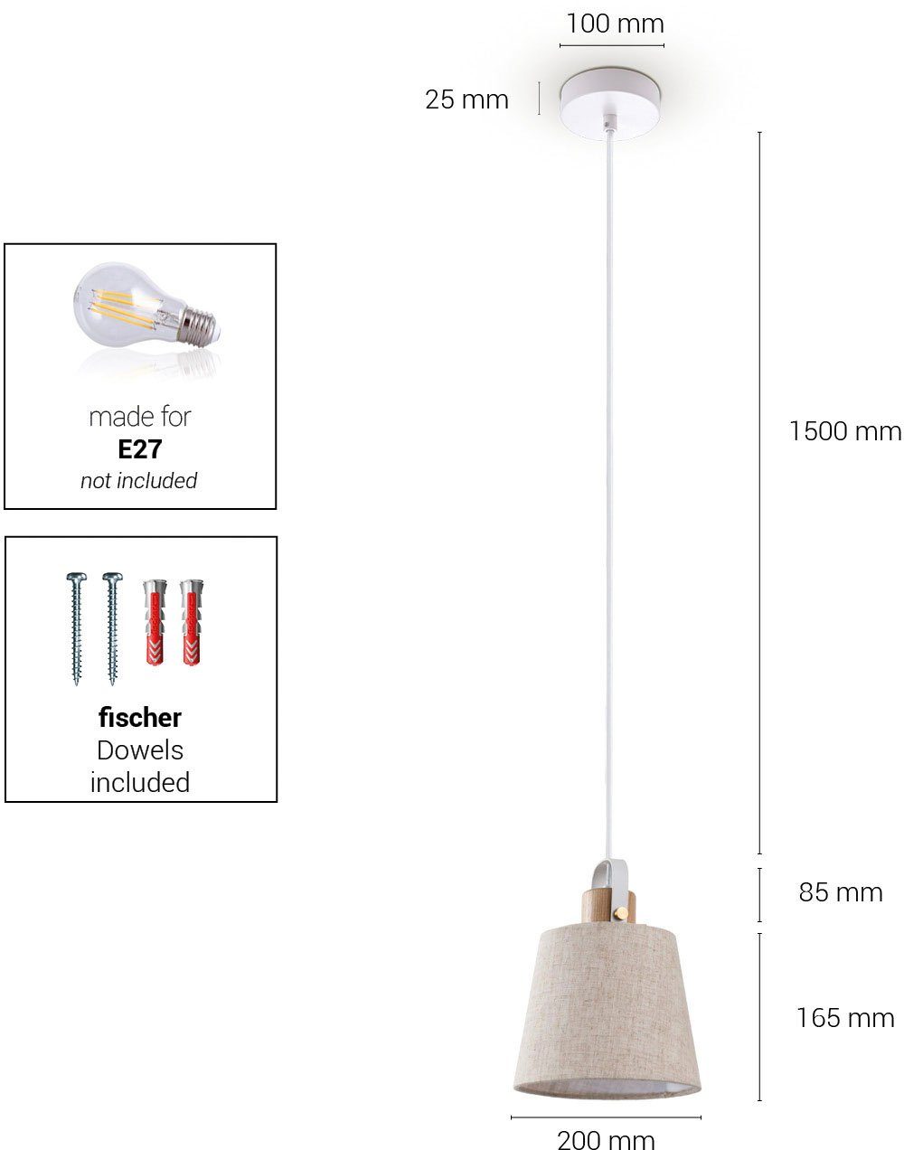 Leuchtmittel, MARTA, Industrial ohne Paco Esszimmer Home Design Kabel 1,5m weiß Stoffschirm Pendelleuchte E27 creme Wohnzimmer