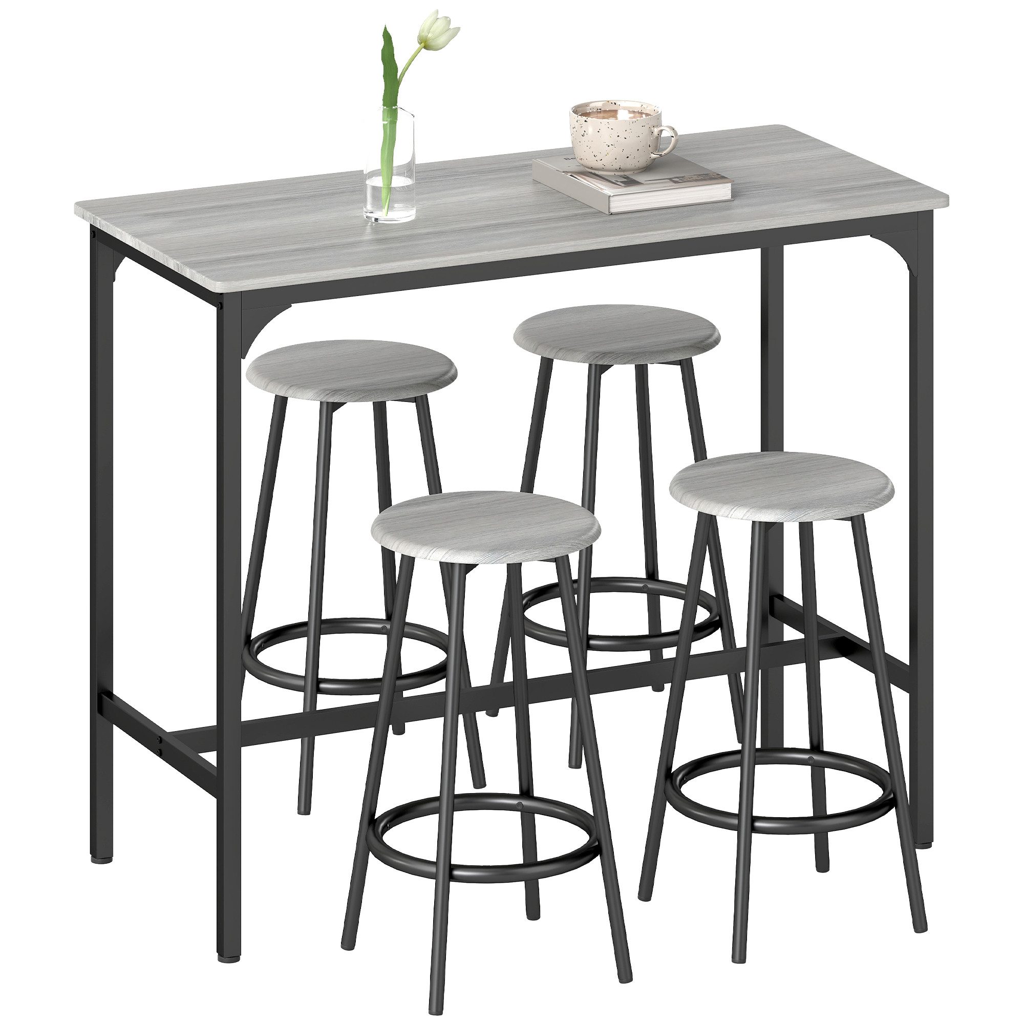 HOMCOM Bargruppe Tresentisch mit Fußstütze, (Set, 1 Tisch, 4 Stühle), Hocker unter Tisch verstaubar – Bild 2 von 5