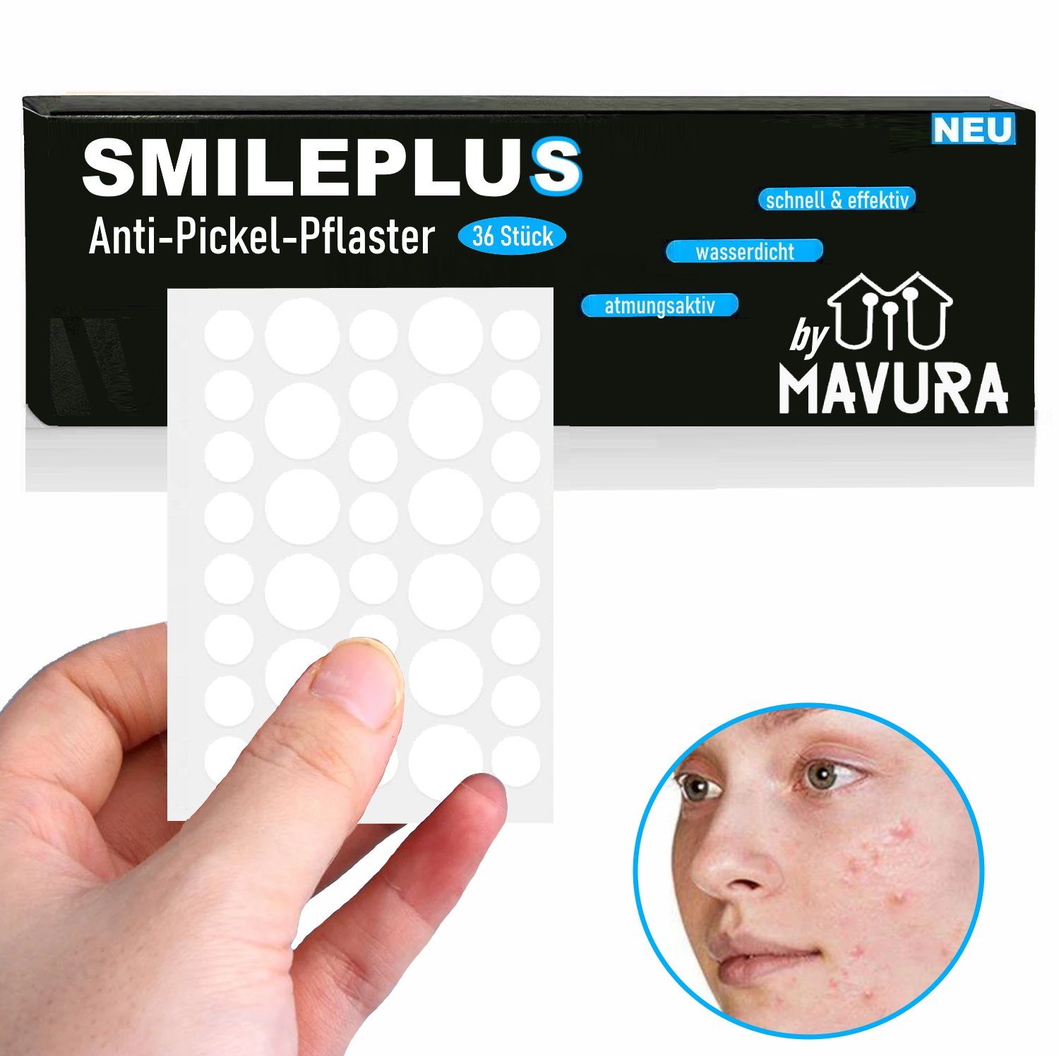 MAVURA Anti-Pickel-Pflaster SMILEPLUS XXL Akne Pflaster Set Hydrocolloid Patch Anti Pickel, Mitesser Verdecken Abdecken 36Stk