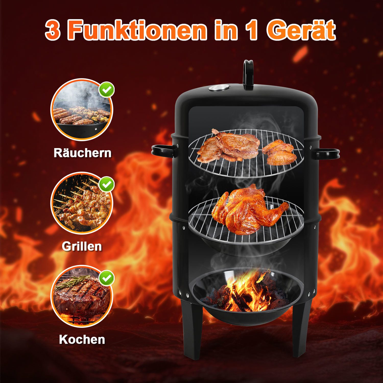 Clanmacy Feuerschale 3 in 1 Räuchertonne Ø 40 cm Räucherofen Holzkohlegrill Räuchergrill