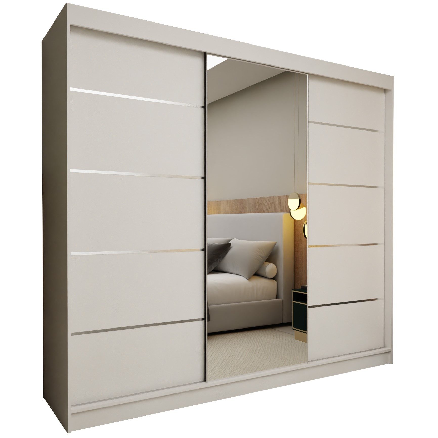 Masseno Schwebetürenschrank MIRELLA 240 cm Kleiderschrank mit Spiegel 3 Türen Weiß