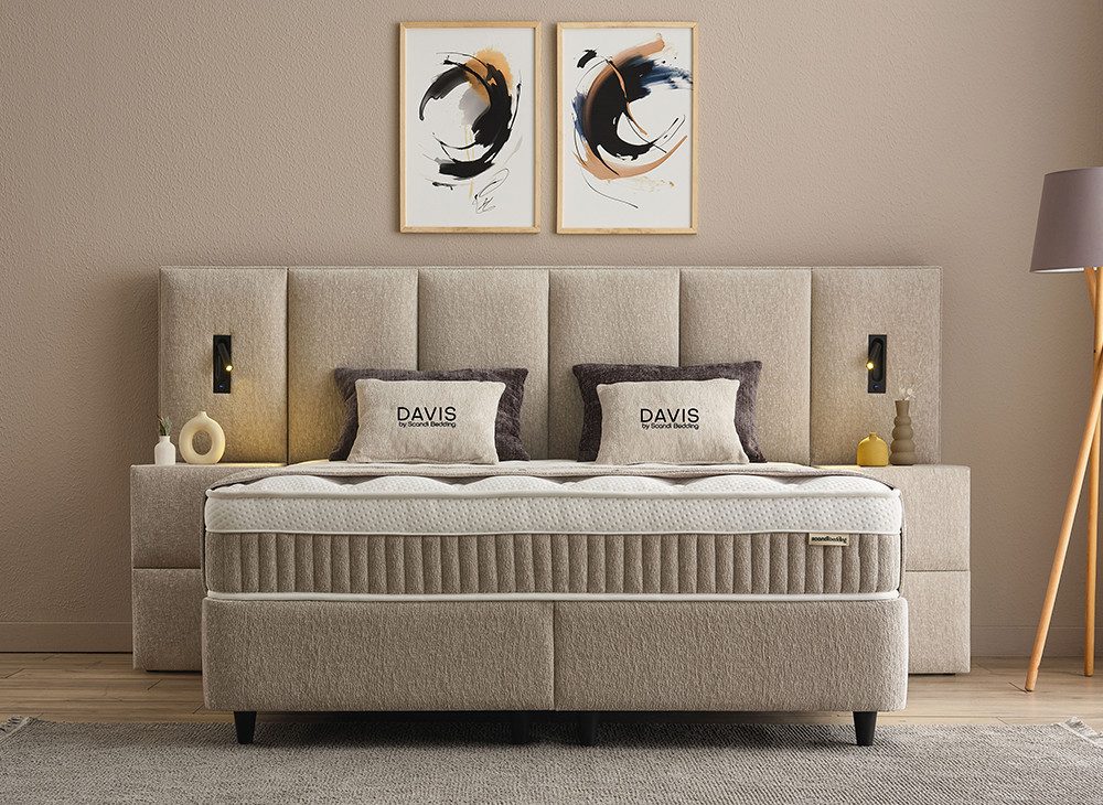 abc bedding Boxspringbett Davis Stauraum Boxbett Boxspringbett Bettkasten Stoff Beige von ABC Be, Funktionsbett mit Bettkasten