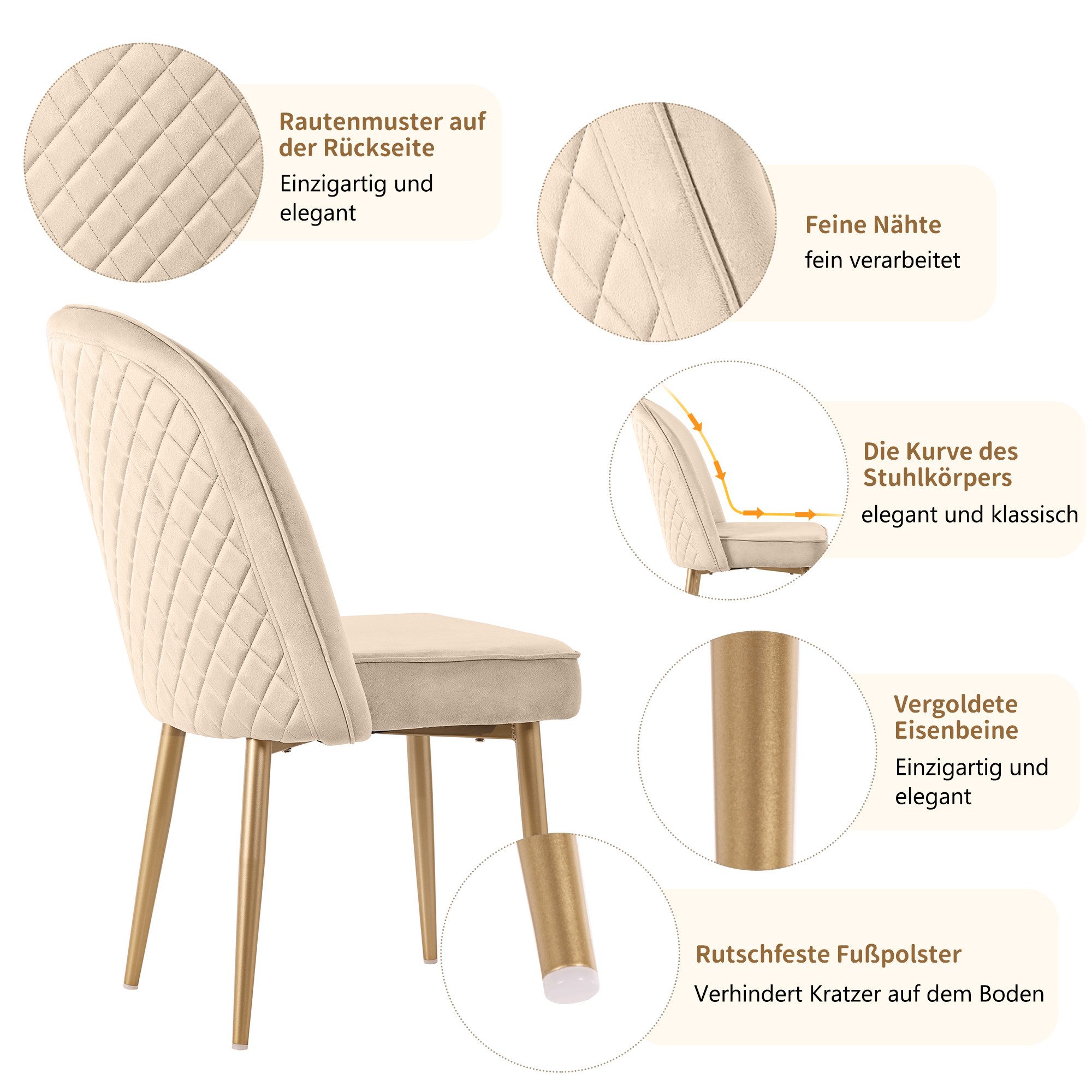 IDEASY Esszimmerstuhl 2/4/6St, Küchenstuhl mit Metallbeinen und weichem Samtsitzkissen (2 St), Polsterstuhl mit hoher Rückenlehne und rautenförmiger Rückenlehne