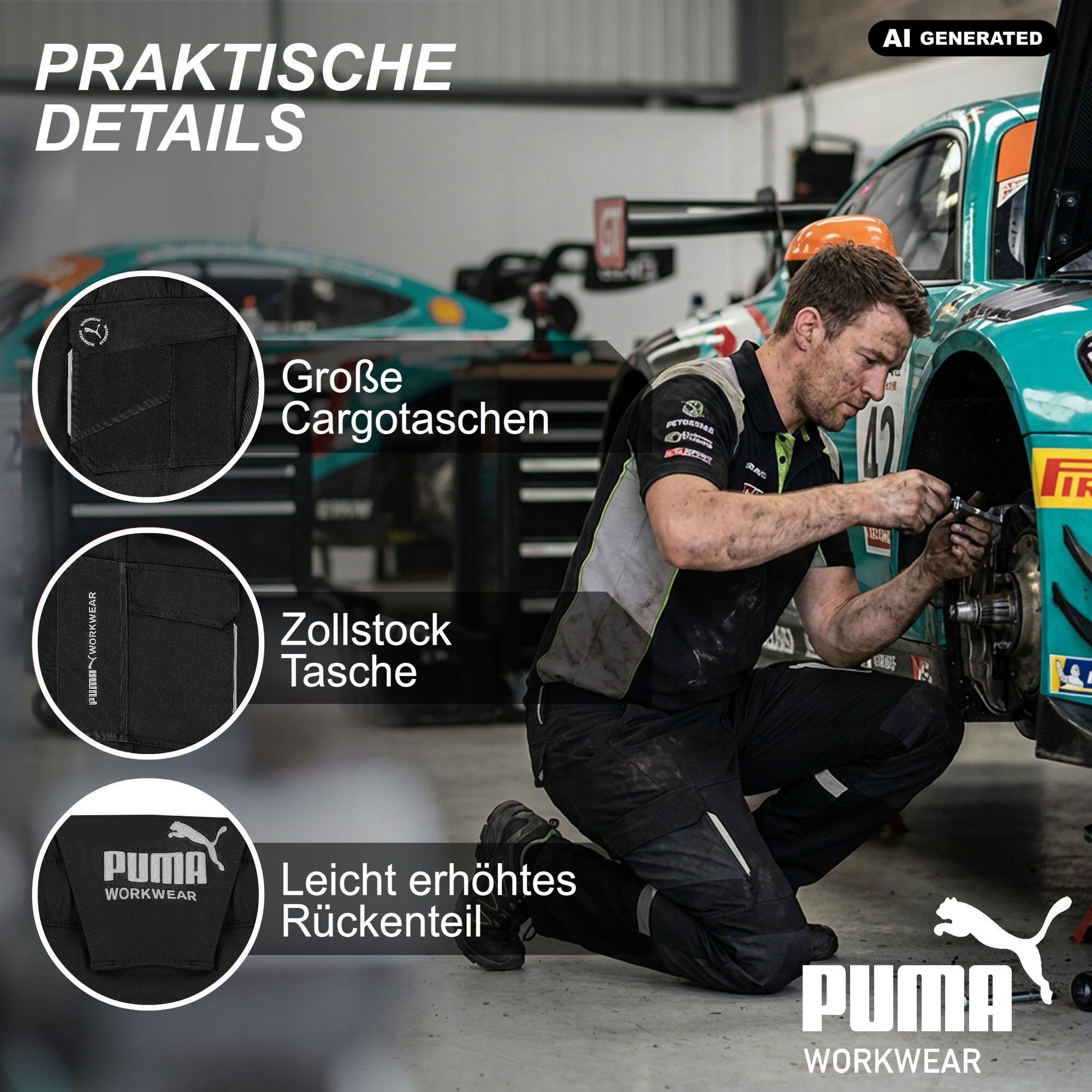 PUMA Workwear Arbeitshose Herren - Mit 4-Wege Stretch - Robust - verstärkter Kniebereich Gummizug - Erhöhtes Rückenteil - Bundhose mit verlängerbarem Hosensaum