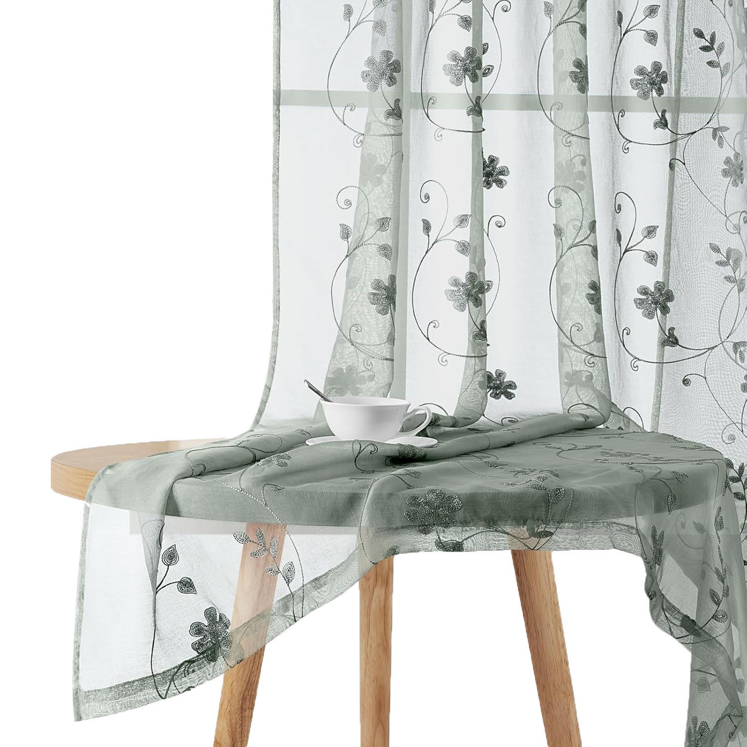 Agger Vorhang Leinen Voile Vorhänge, halbtransparente Blumenvorhänge, Blätter-Stickerei Vorhänge, geeignet für Schlafzimmer und Wohnzimmer