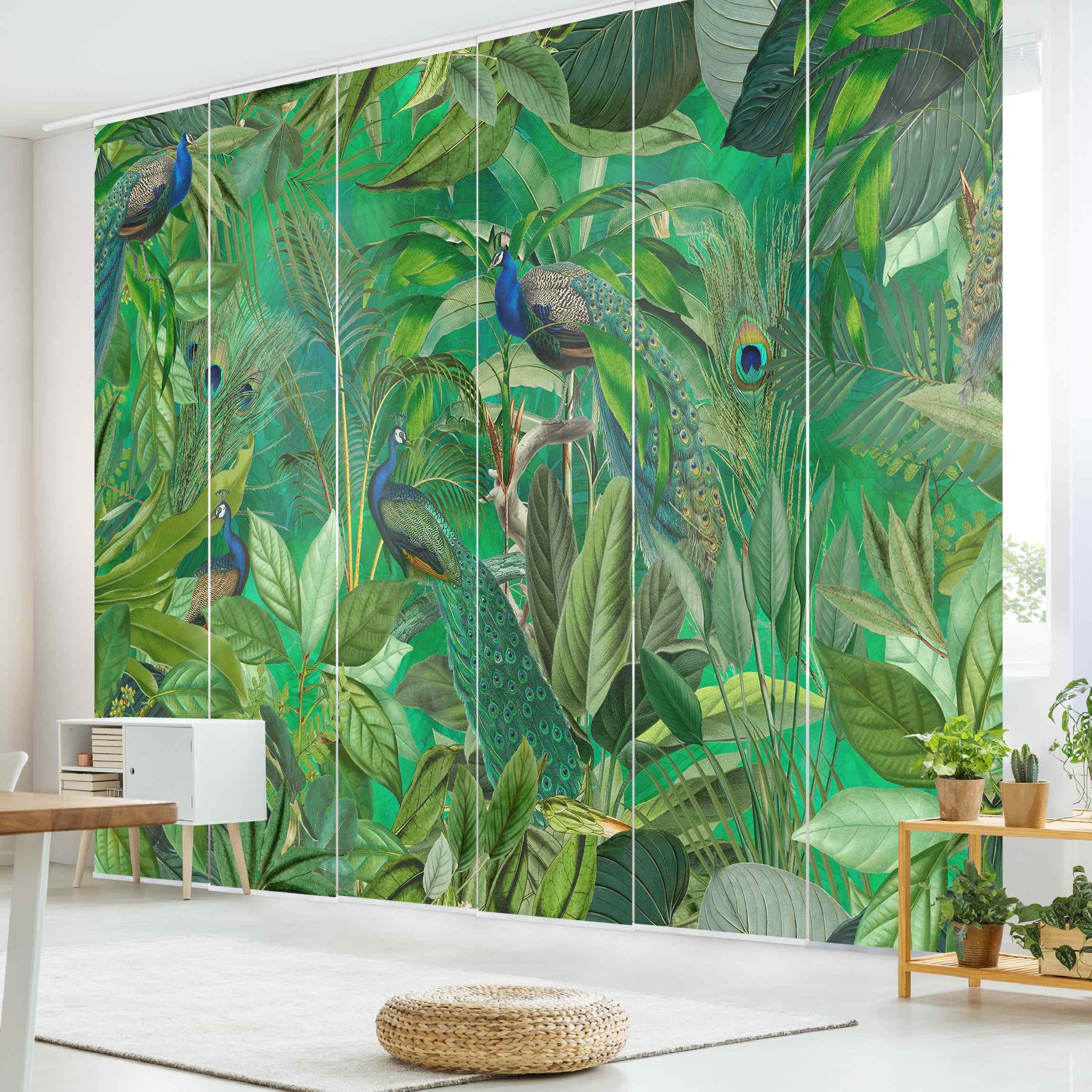 Bilderdepot24 Schiebegardine modern Flächenvorhang blickdicht Pfauen günstig online kaufen
