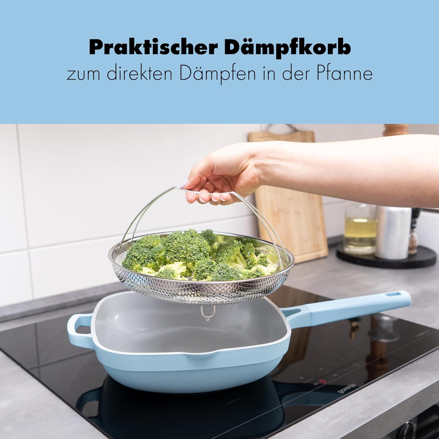 NEW KID Bratpfanne 28cm beschichtete Pfanne mit Deckel und Edelstahlsieb blau, Aluminium (3-tlg), Antihaftbeschichtung, Induktionsgeeignet