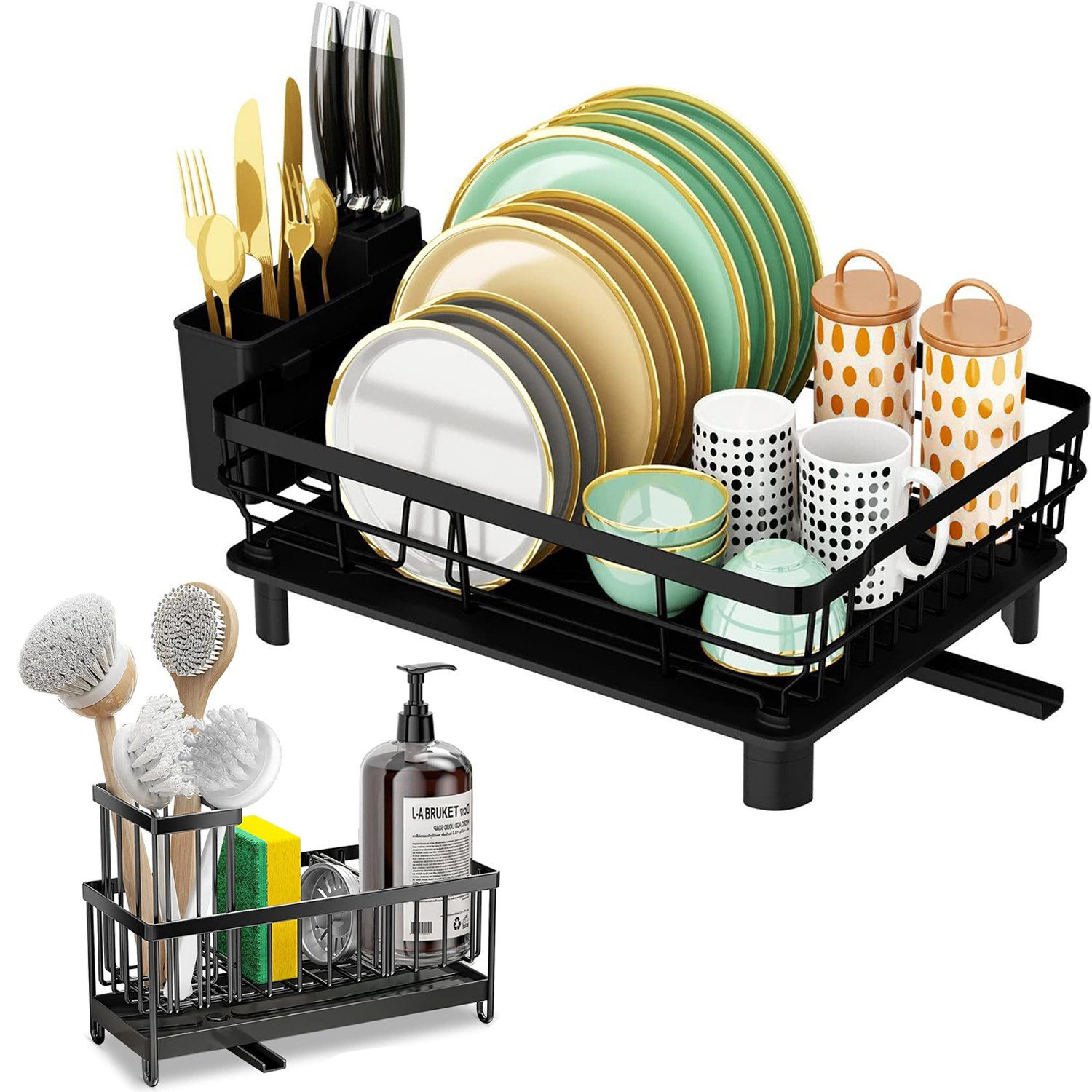 Refined Living Geschirrständer 2-in-1 Küchenorganizer-Set:Geschirrständer&Spüle Organizer mit Abfluss, Zubehör für Küchen Zubehör, Multifunktionales Abtropfgestell-Set, Ablage für Küchenspüle, mit 360° Abfluss abnehmbarem und Messerfächern, Aufbewahrung S