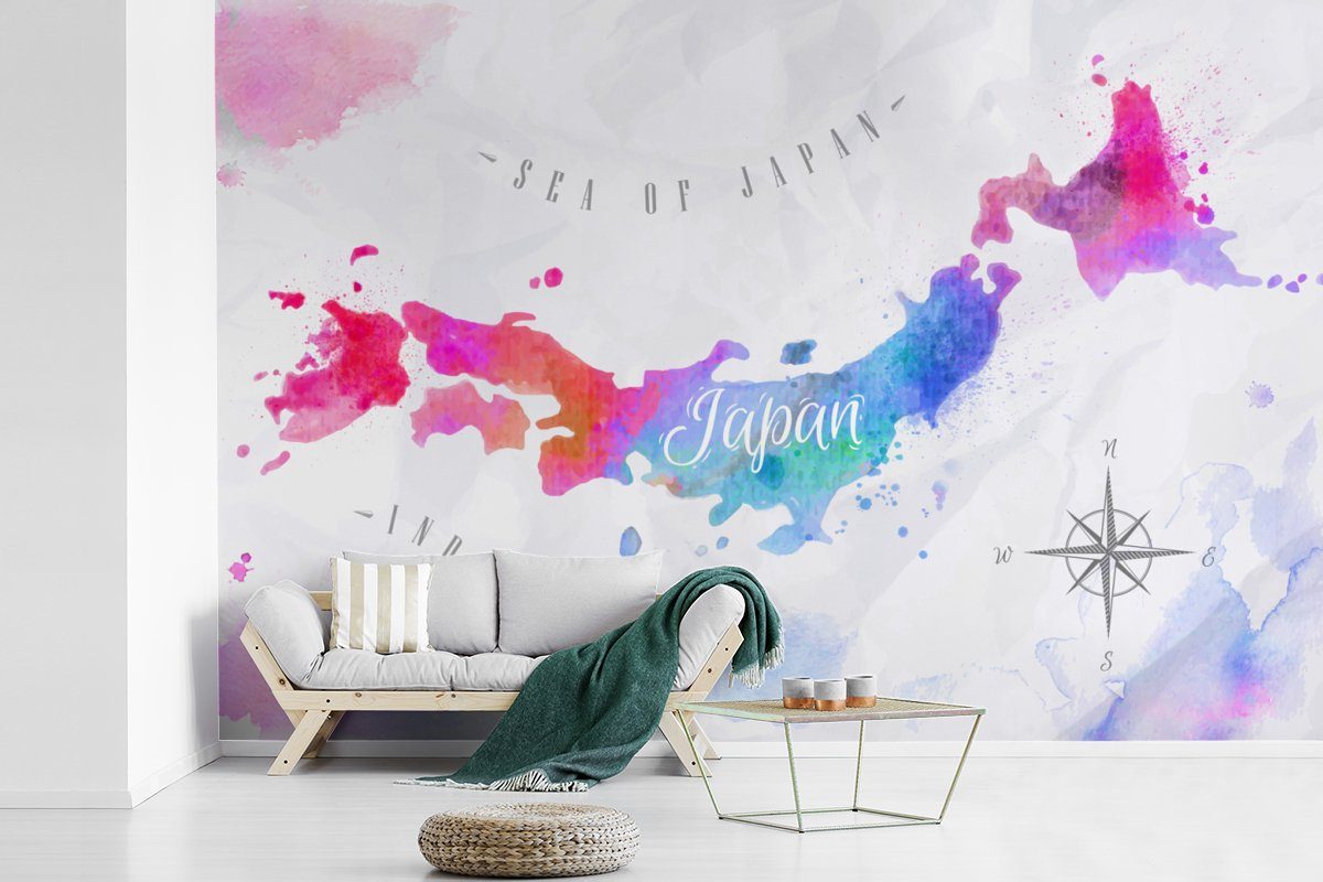 Farben Wallpaper Kinderzimmer, - Schlafzimmer, Fototapete Weltkarte Japan, Vinyl für (6 St), bedruckt, Wohnzimmer, - Matt, Tapete MuchoWow