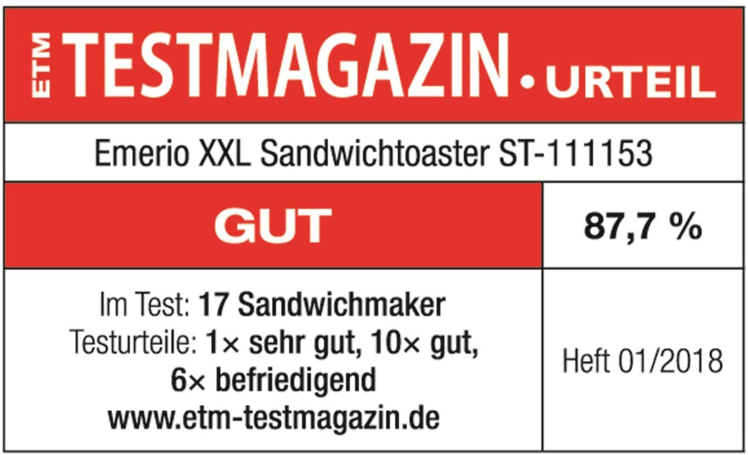 Scheiben Emerio 4 Sandwichmaker XXL-Sandwich-Toaster für W 1300 ST-111153 Toast,