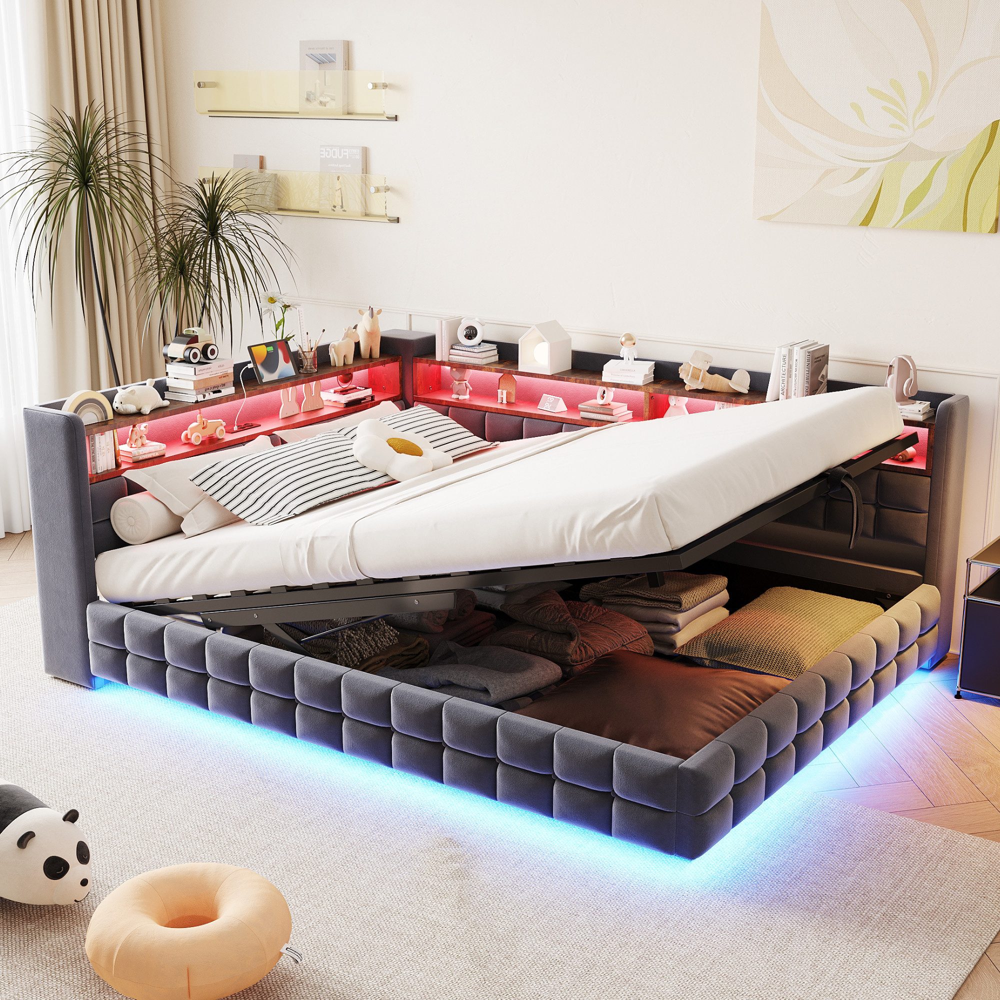 Flieks Daybett, Polsterbett 140x200cm mit hydraulischem Stauraum LED-Leiste USB/TYP-C