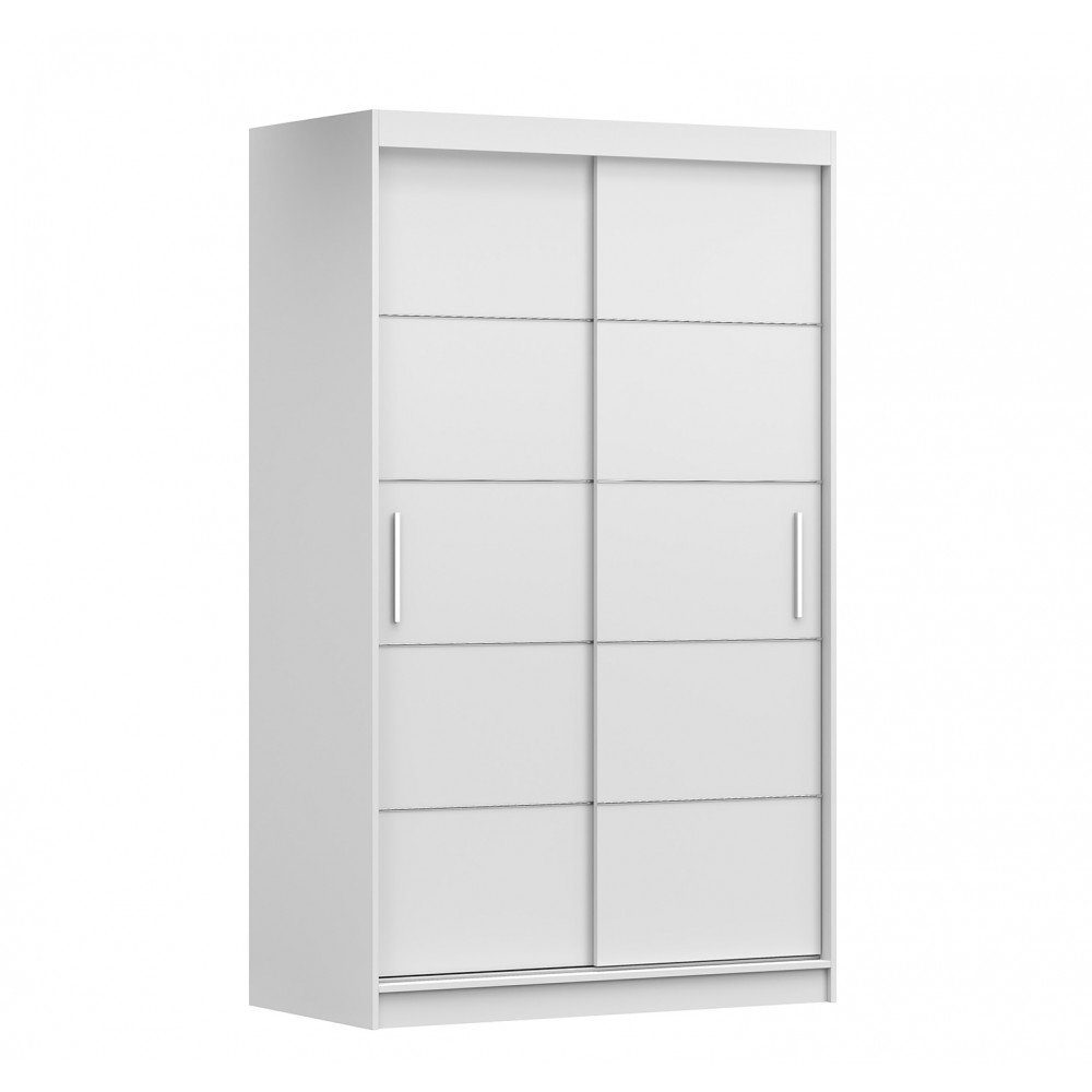 MOEBLO Kleiderschrank NOAH 06 (mit dekorativen Elementen aus Aiminium, Schwebetürenschrank 2-türig Schrank, Gaderobe mit vielen Einlegeböden und Kleiderstange), (BxHxT): 120x200x61 cm Weiß