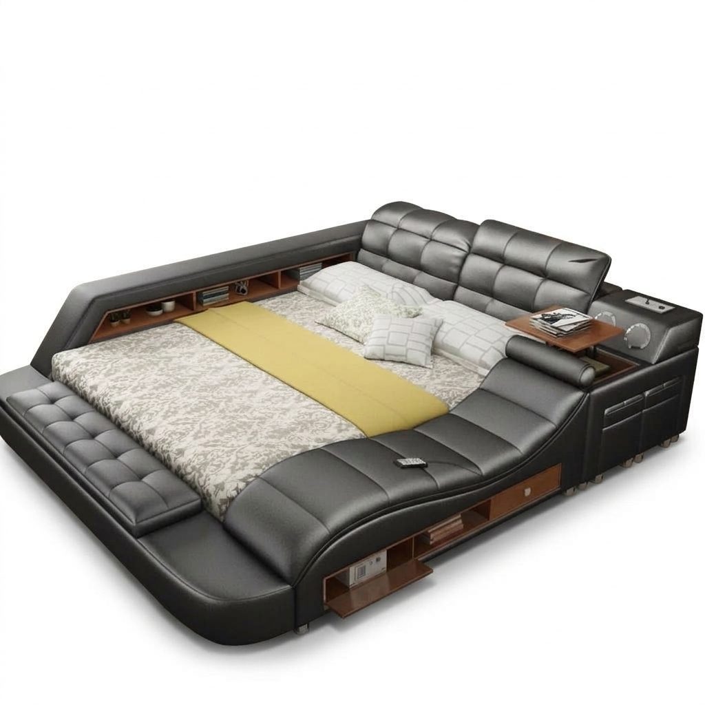 JVmoebel Bett Luxus Multifunktionsbett Leder mit Massagefunktion & Regalen Sofort