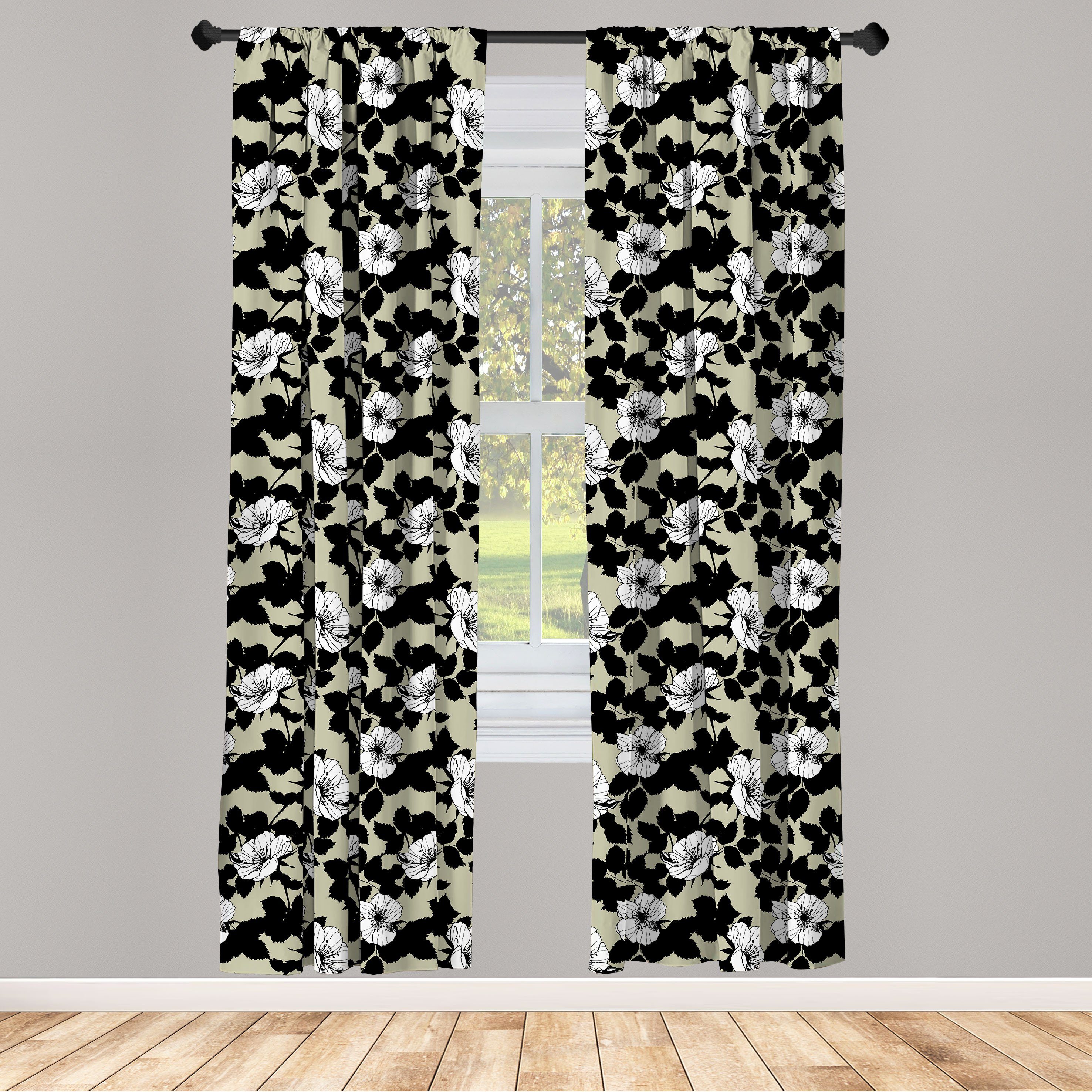 Gardine Vorhang für Wohnzimmer Schlafzimmer Dekor, Abakuhaus, Microfaser, Blumen Weiß Wild Roses Silhouette