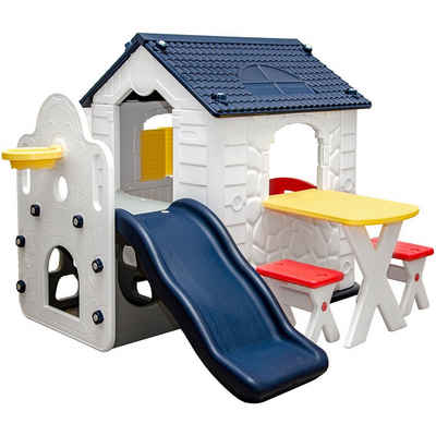 LittleTom Rutsche Kinder Spielhaus mit Rutsche Kinderhaus ab 1 Jahr, Spielhaus + Tisch + 2 Hocker