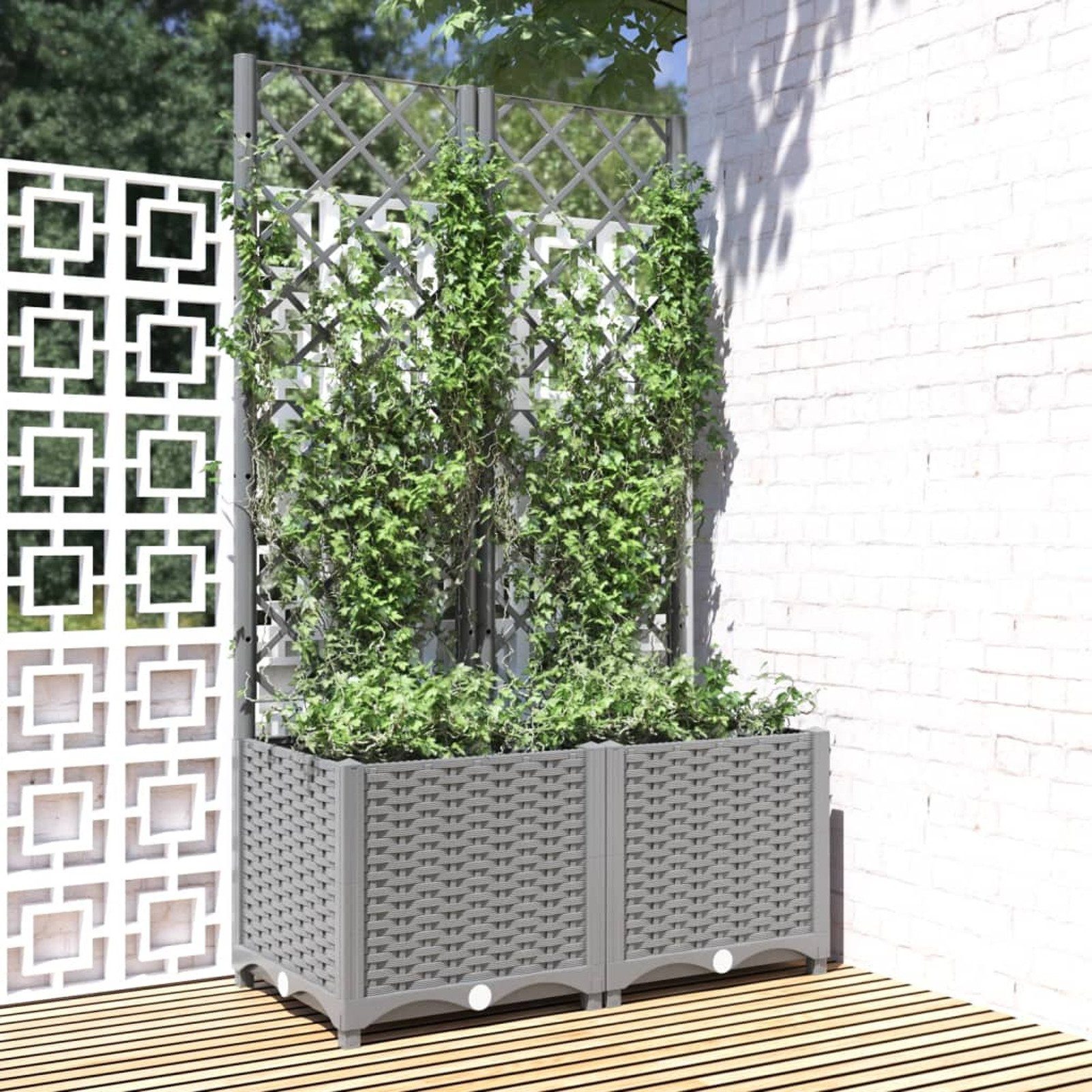 vidaXL Blumentopf Pflanzkübel mit Rankgitter Hellgrau 40x40x121,5 cm PP