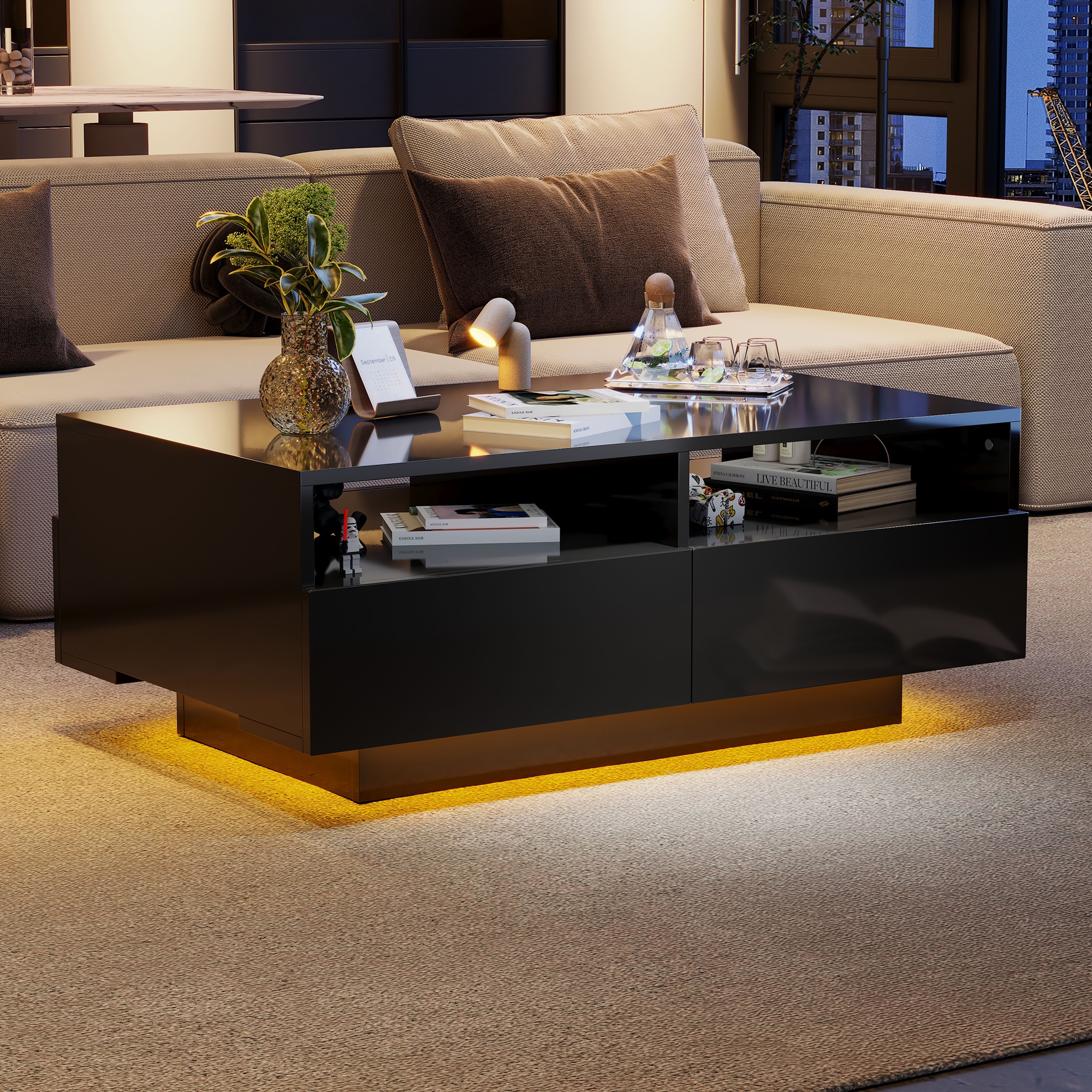 BlingBin Couchtisch LED Hochglanz Couchtisch mit 4 Schubladen, Sofatisch, Wohnzimmertisch (1er Set, 1-St., Belastba: 30kg; USB-Schnittstelle Lichtleiste mit Fernbedienung), Modern Center Table mit 16 Farben LED Lichter für Wohnzimmer