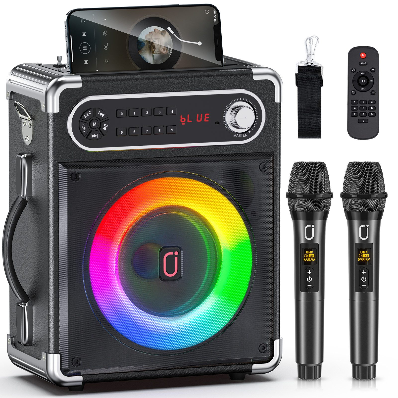 JYX Tragbarer Bluetooth-Lautsprecher mit 2 Mikrofonen Lautsprecher (Bluetooth 5.0, Unterstützt PA-System, Discolights, FM, REC-Funktionen, Fernbedienung)