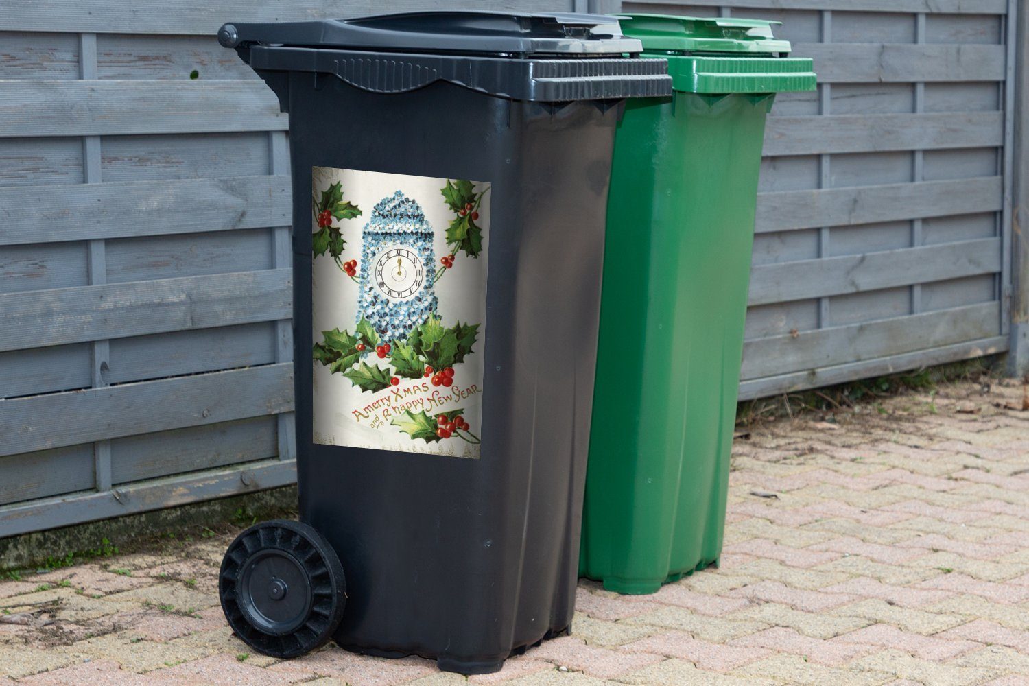 (1 Mülltonne, Sticker, Abfalbehälter - St), Uhr MuchoWow Weihnachten Mülleimer-aufkleber, Kunst - Container, Wandsticker