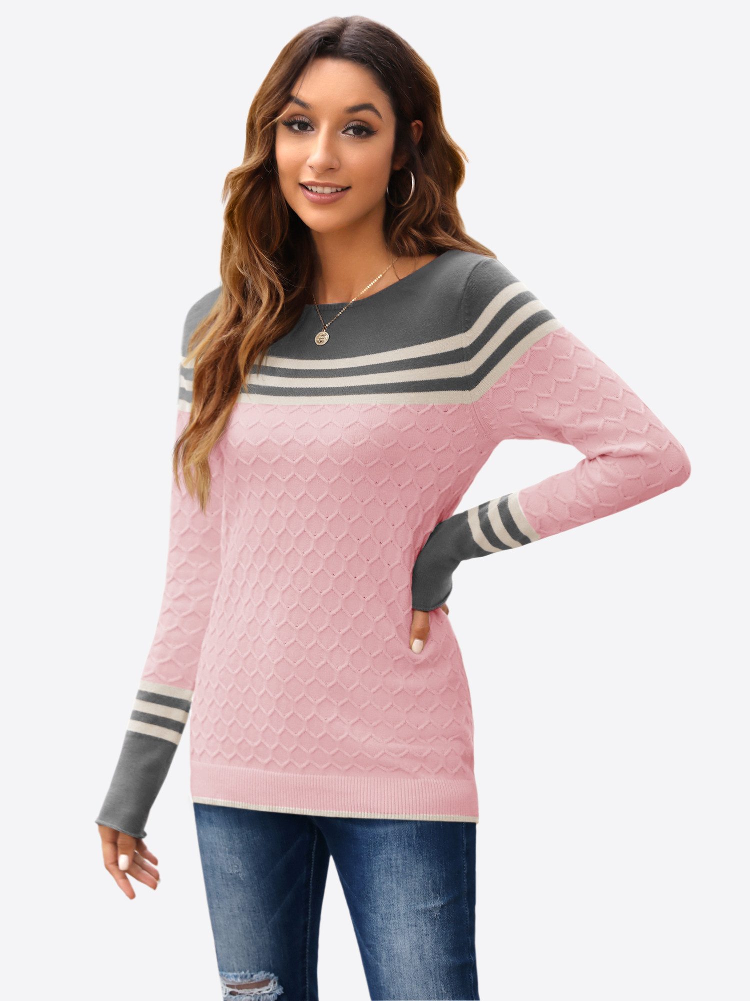 Imily Bela Sweater Damen Gestreifter Colorblock Pullover mit Rundhalsaussch günstig online kaufen