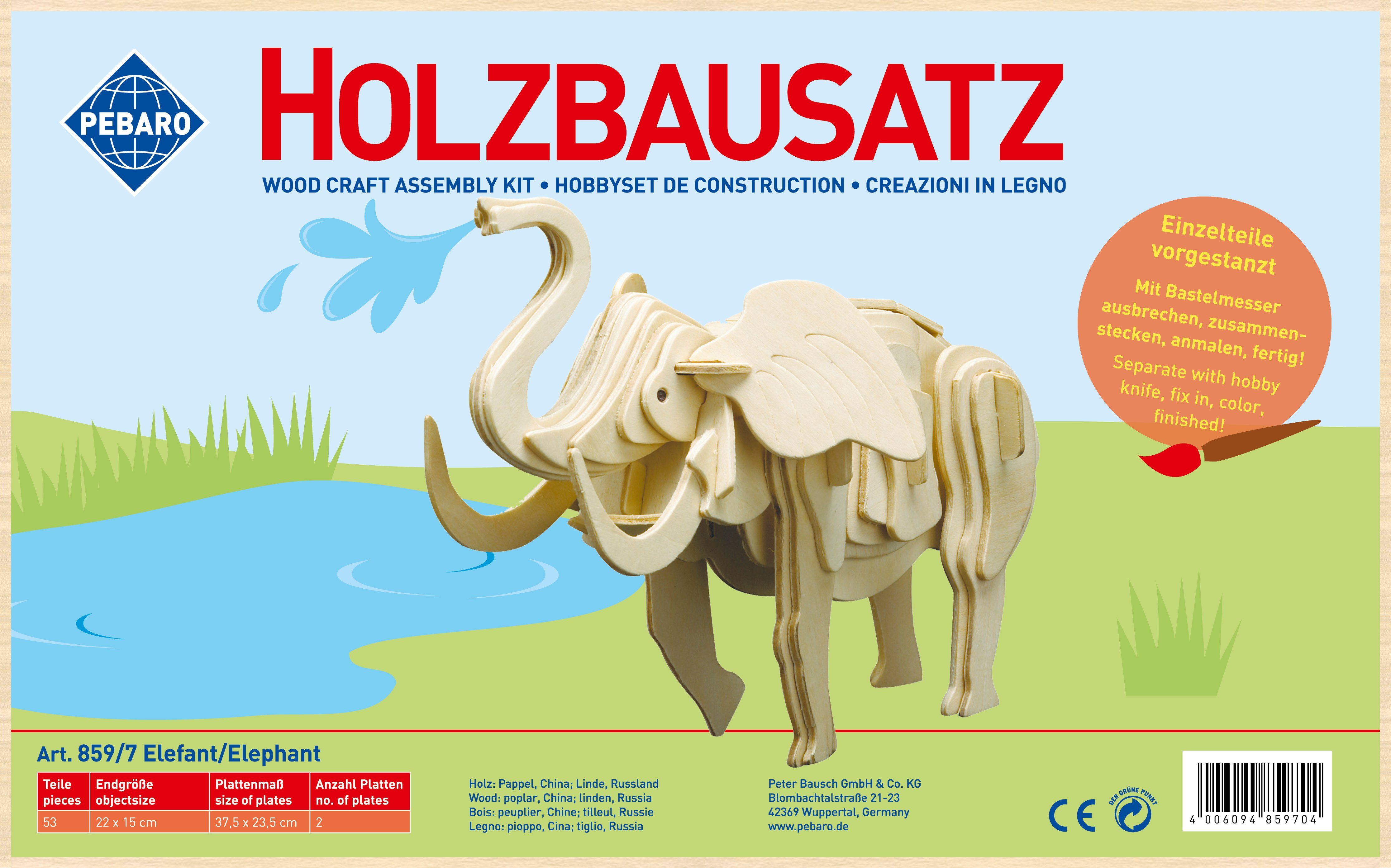 Holzbausatz Elefant, Pebaro 3D-Puzzle 53 Puzzleteile 859/7,