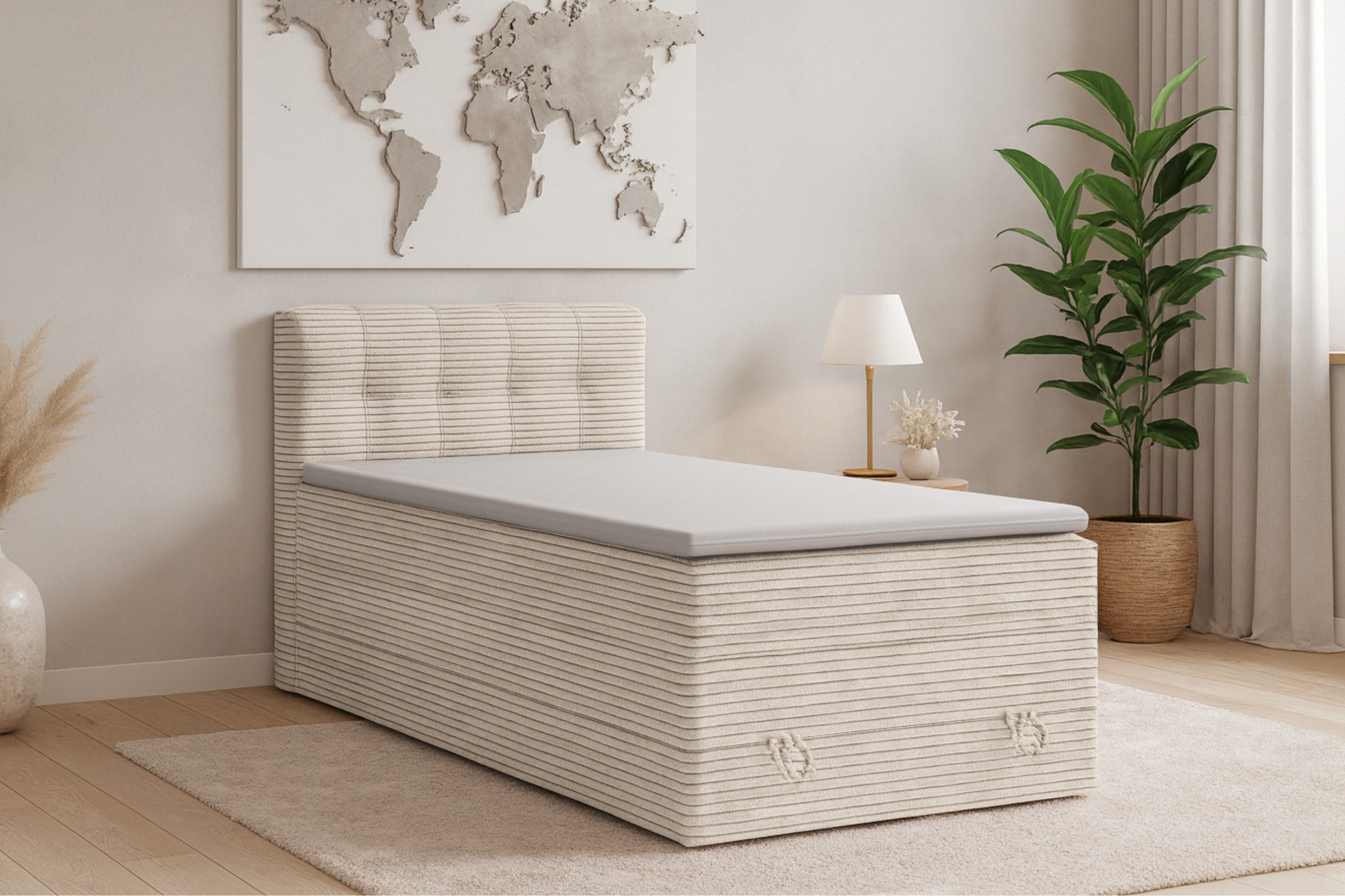 Deine Möbel 24 Boxspringbett JUNG 2 Polsterbett Komplettbett Hotelbett Cord-Stoff inkl. Topper (für Jugendliche Jugendbett Cord Beige Creme Grau Schwarz Anthrazit, 3-St., Bonellfederkernmatratze H3 Taschenfederkernmatratze H4), 90x200 100x200 120 cm Einzelbett Boxspring Hotelbett Veloursstoff