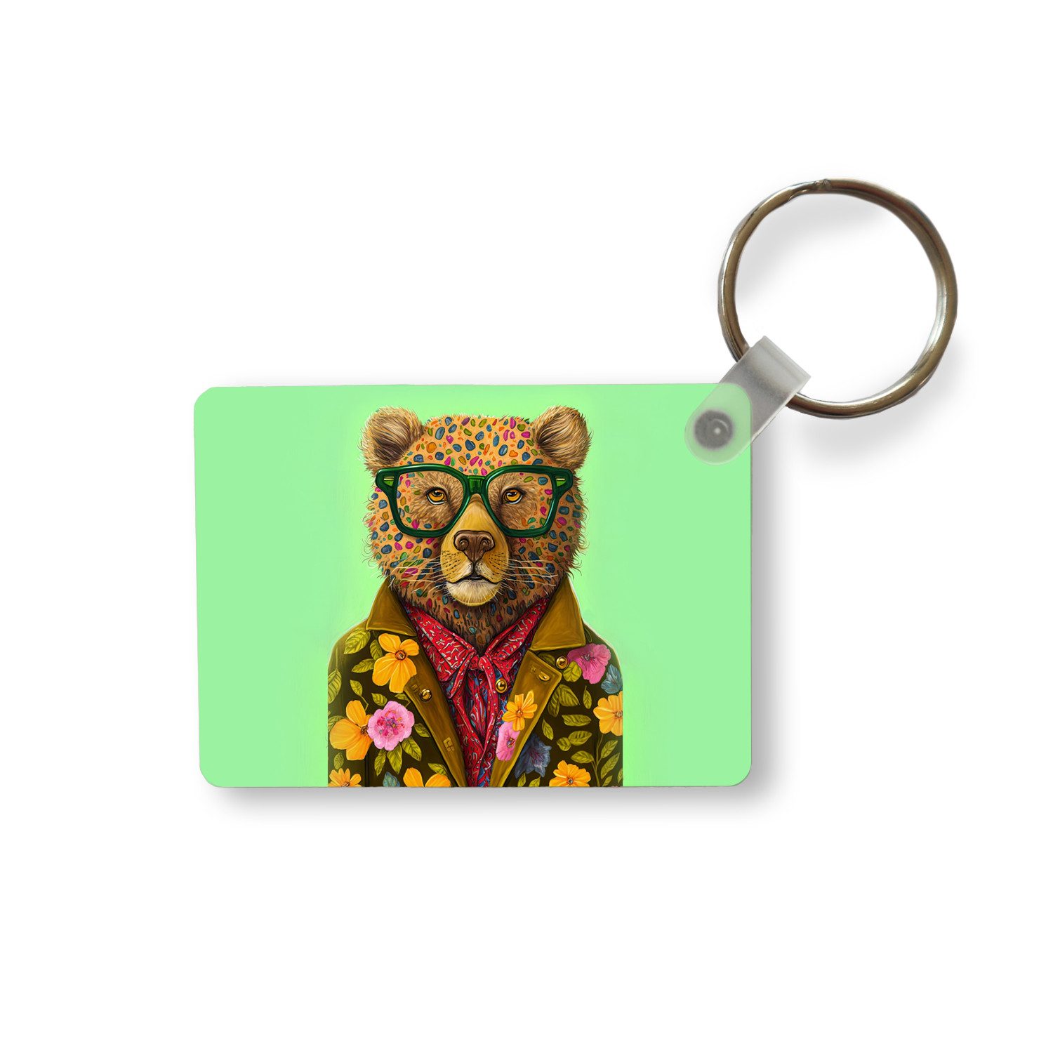 MuchoWow Schlüsselanhänger Bär - Farben - Brillen - Tier - Blumen, Rechteckig mit Schlüsselring, Geschenk, Accessoire, 6x4 cm