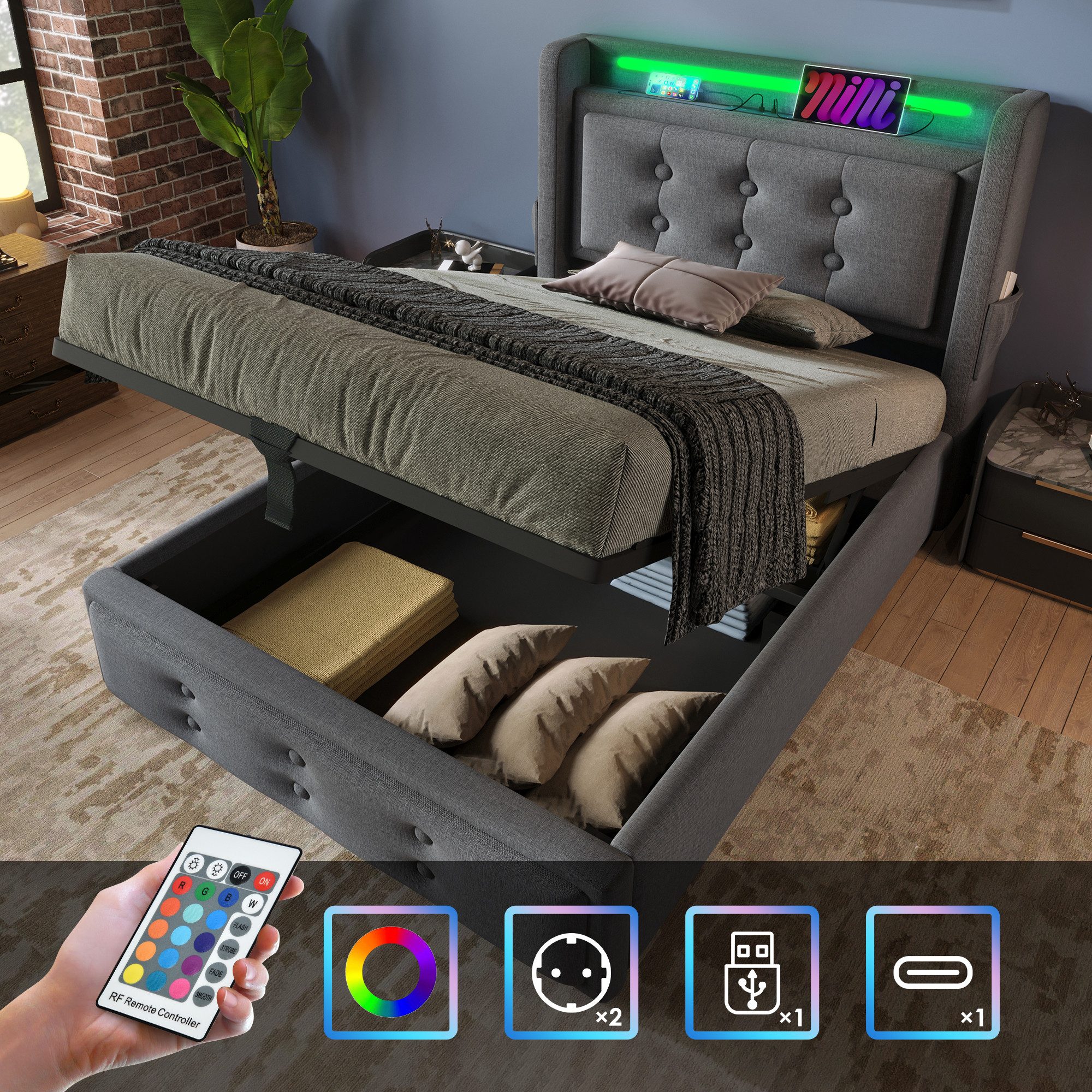 HAUSS SPOLE Polsterbett 90x200 mit Led-Kopfteil, günstig online kaufen
