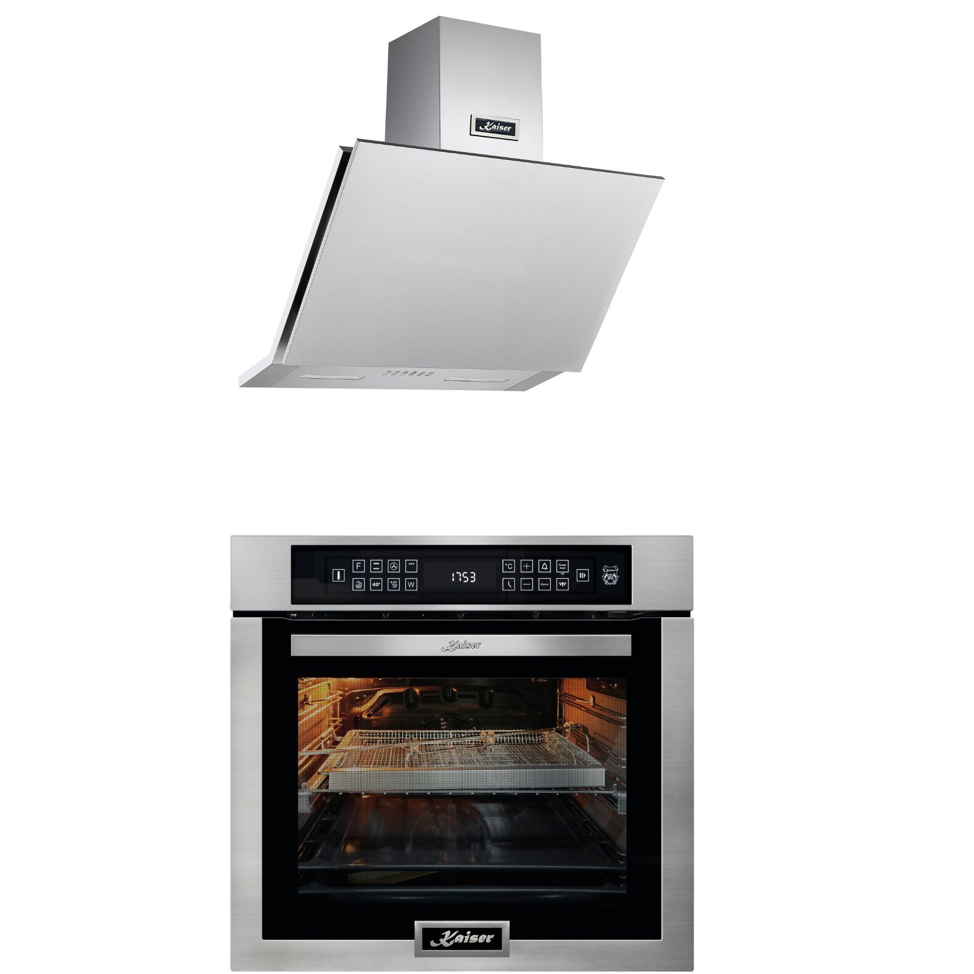 Kaiser Küchengeräte Backofen-Set Einbau Elektrobackofen,Edelstahl,86 L 15 Fkt., LED-Display+Dunstabzugshaube 60cm 1250m³/h Edelstahl EH 6306 N R+AT 6455, mit 1-fach-Teleskopauszug