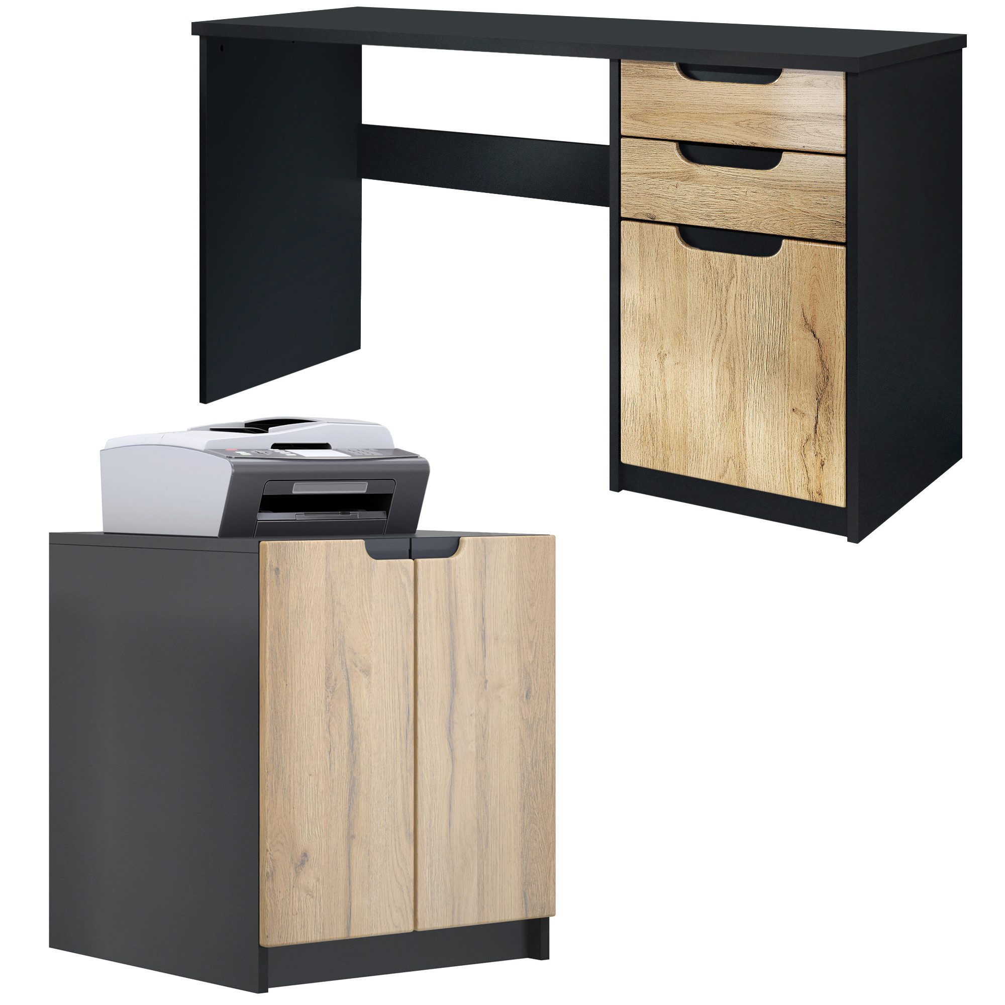 Vladon Aktenschrank Paris (Büromöbel-Set, mit 1 Schreibtisch und 1 Druckerkommode) Schwarz matt / Eiche Natur