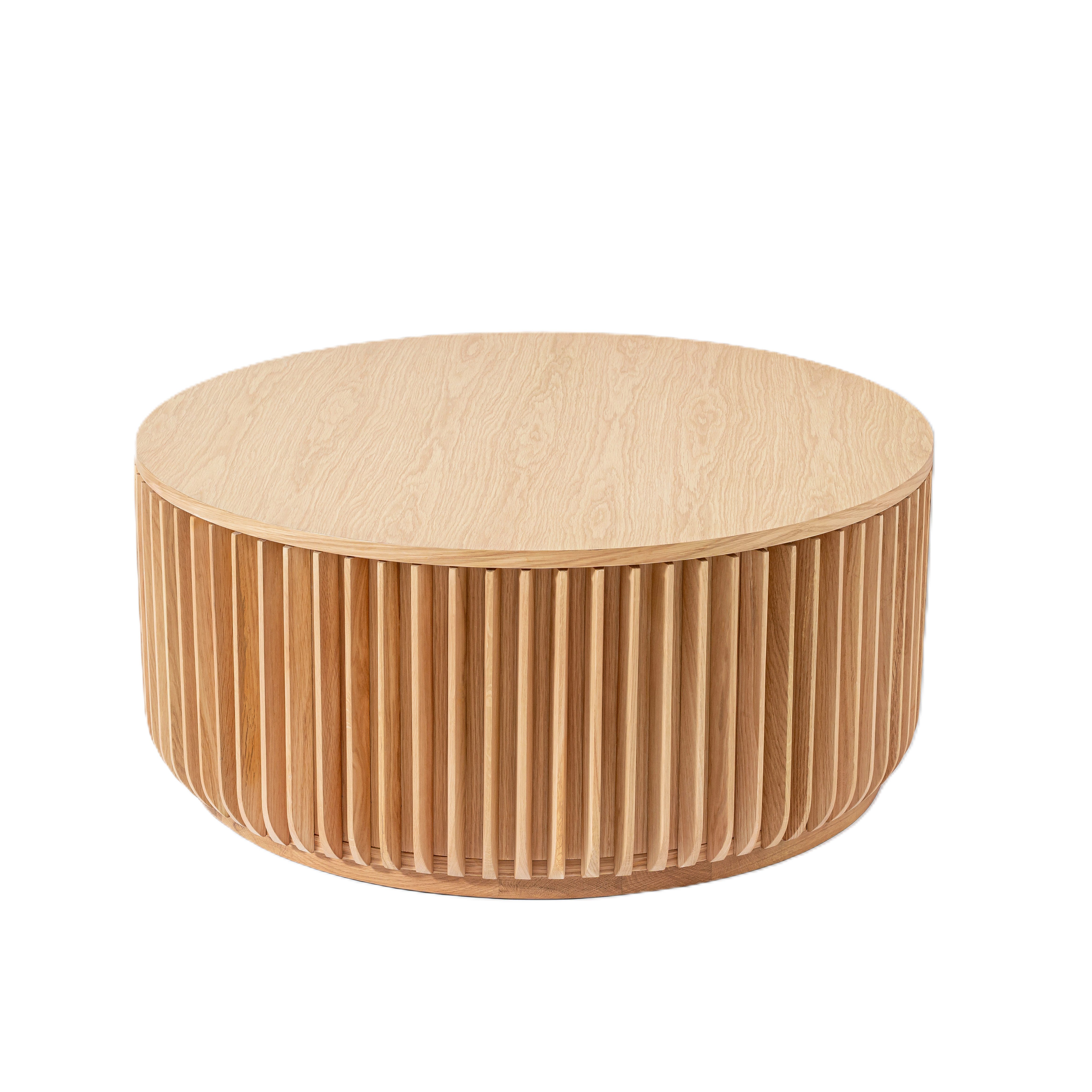 Woodek Design Couchtisch Franz, rund, aus massiver, matt lackierter Eiche (Lamellen-Gestell aus Massivholz, 1-St., Schublade mit geräumigem Staufach), Ø 90 cm